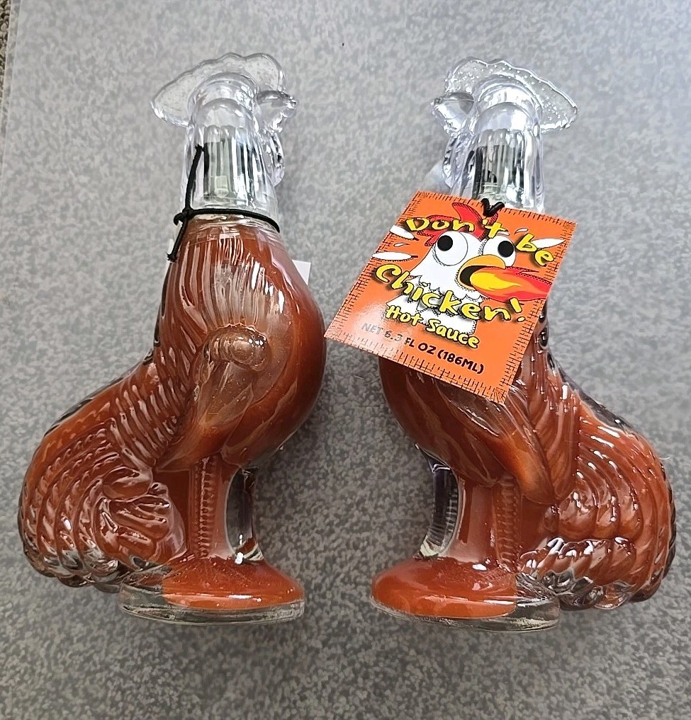 2 DON’T BE CHICKEN Hot Sauce 6.3 fl ozGlass CHICKEN SHAPED bottle Spicy! Bb 6/27