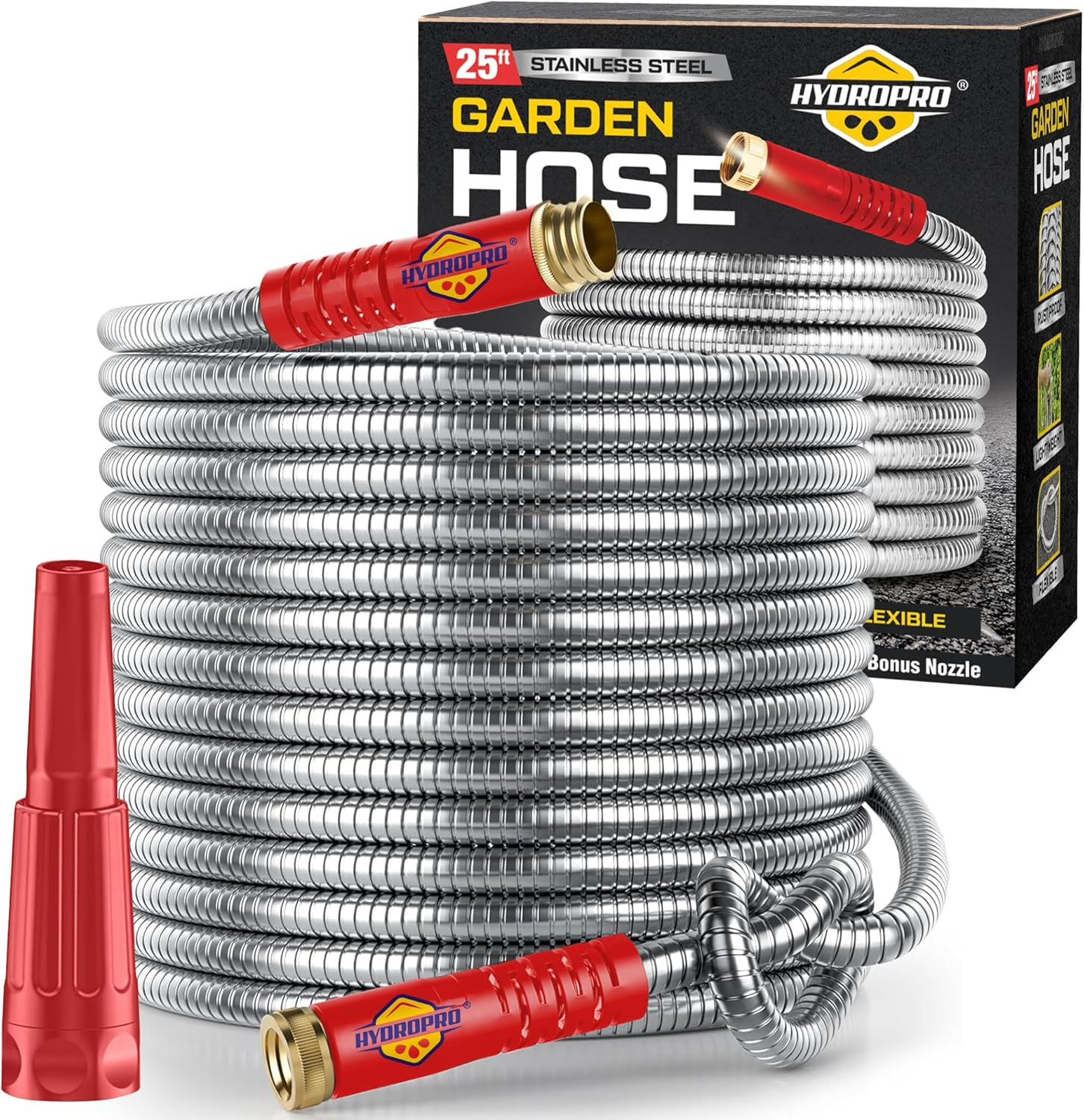 Stainless Steel Garden Hose Metal Water Pipe Kink Free Nozzle Red 25-100FT