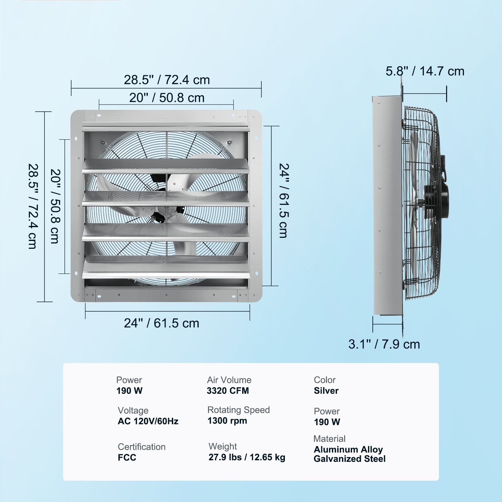 VEVOR Shutter Exhaust Fan Shop Exhaust Fan 24” Wall Mounted Aluminum 3320 CFM