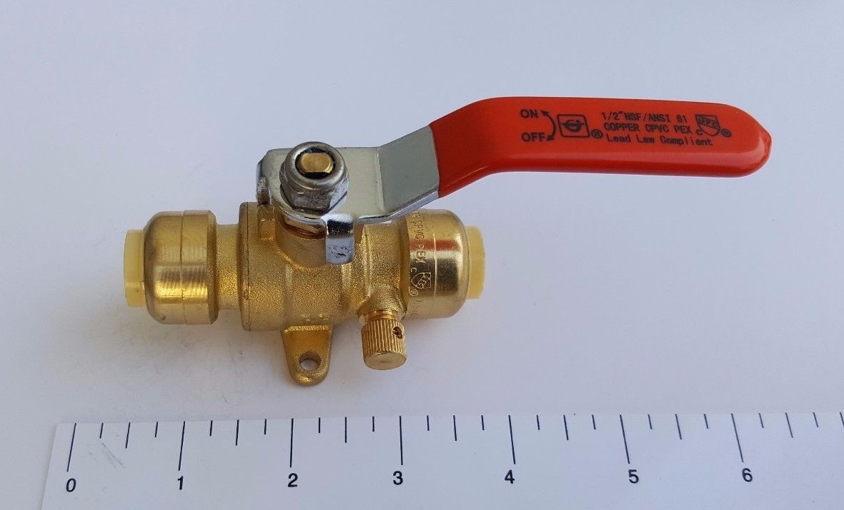 1) 1/2″ SHARKBITE STYLE PUSH FIT BALL VALVE W. DRAIN & DROP EAR (LEAD FREE BRASS