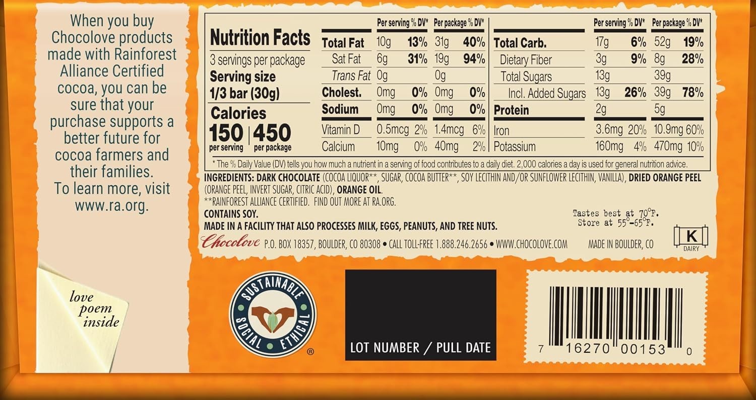 Choco Bar, Orange Peel in Dark Chocolate, 3.2 oz