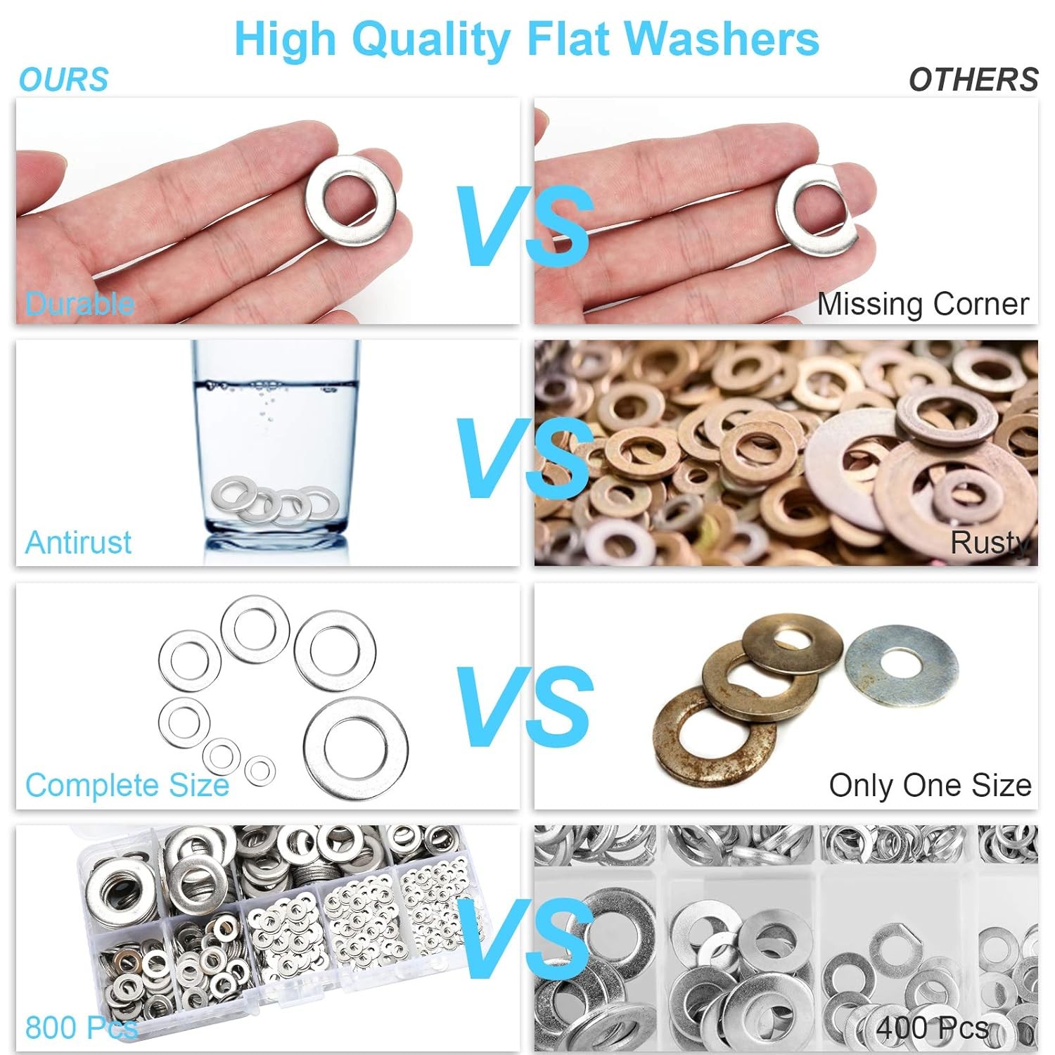 800 Pcs 304 Stainless Steel Flat Washers 800 PCS 304 Steel, Silver