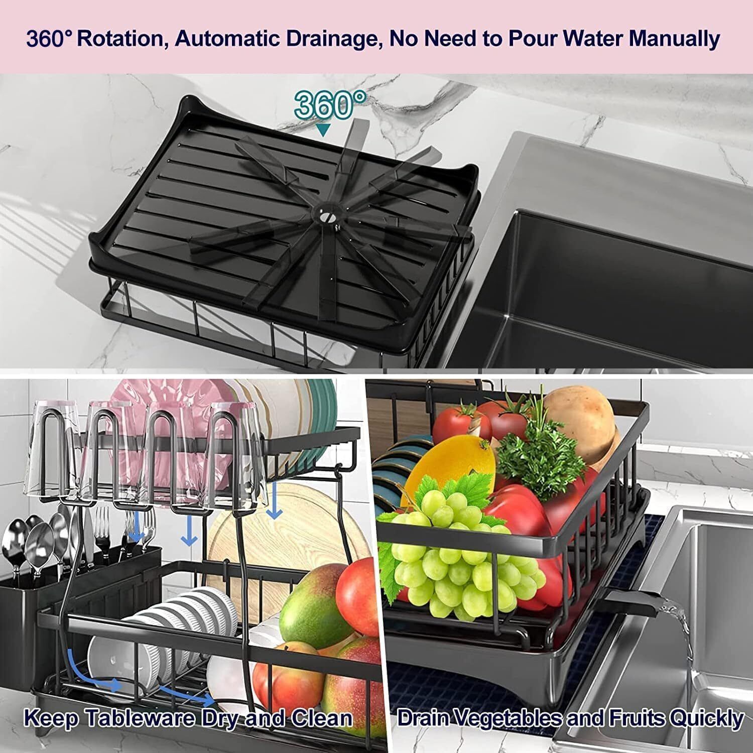 2 Tier Over Sink Dish Drying Rack Stainless Steel Kitchen Dish Drainer Organizer