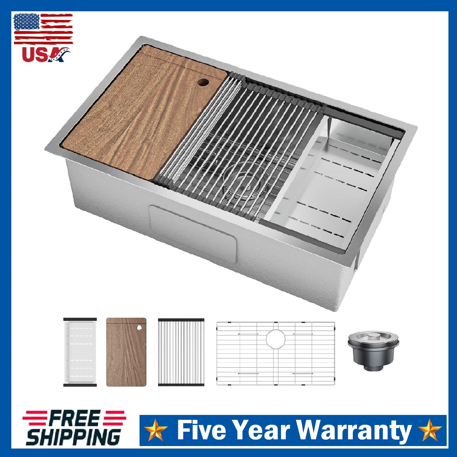 Undermount Kitchen Sink ,32x19x10″ Stainless Steel Single Bowl Sink Workstation