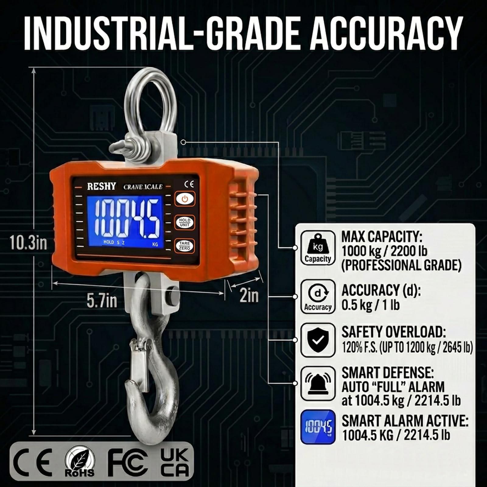 RESHY Digital Crane Scale 2200lb/1000Kg 4.2 x 6.9 x 10.5 inches, Orange