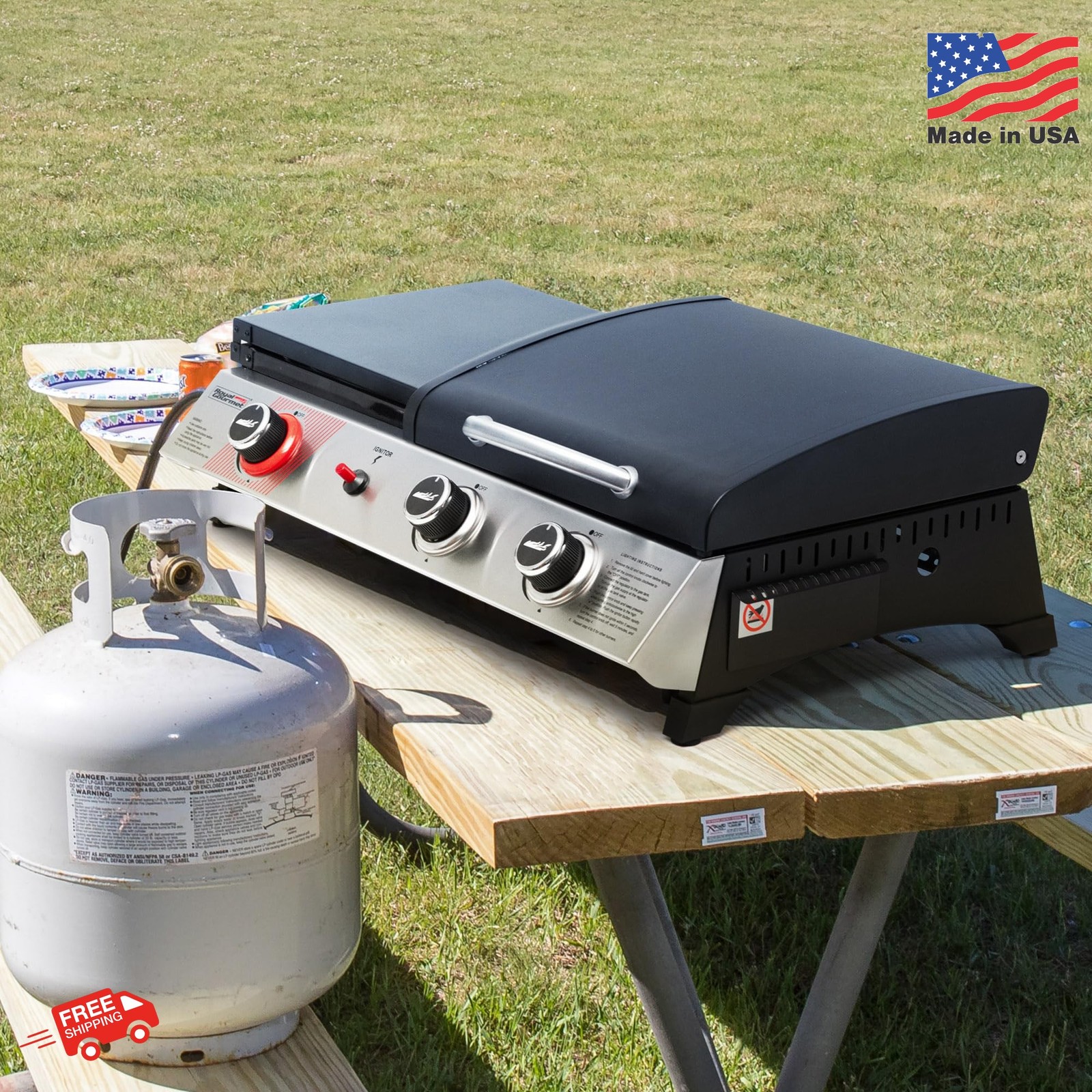 Royal Gourmet PD1305H 3 Burner Propane Gas Grill and Griddle Combo with Lid, 3-i