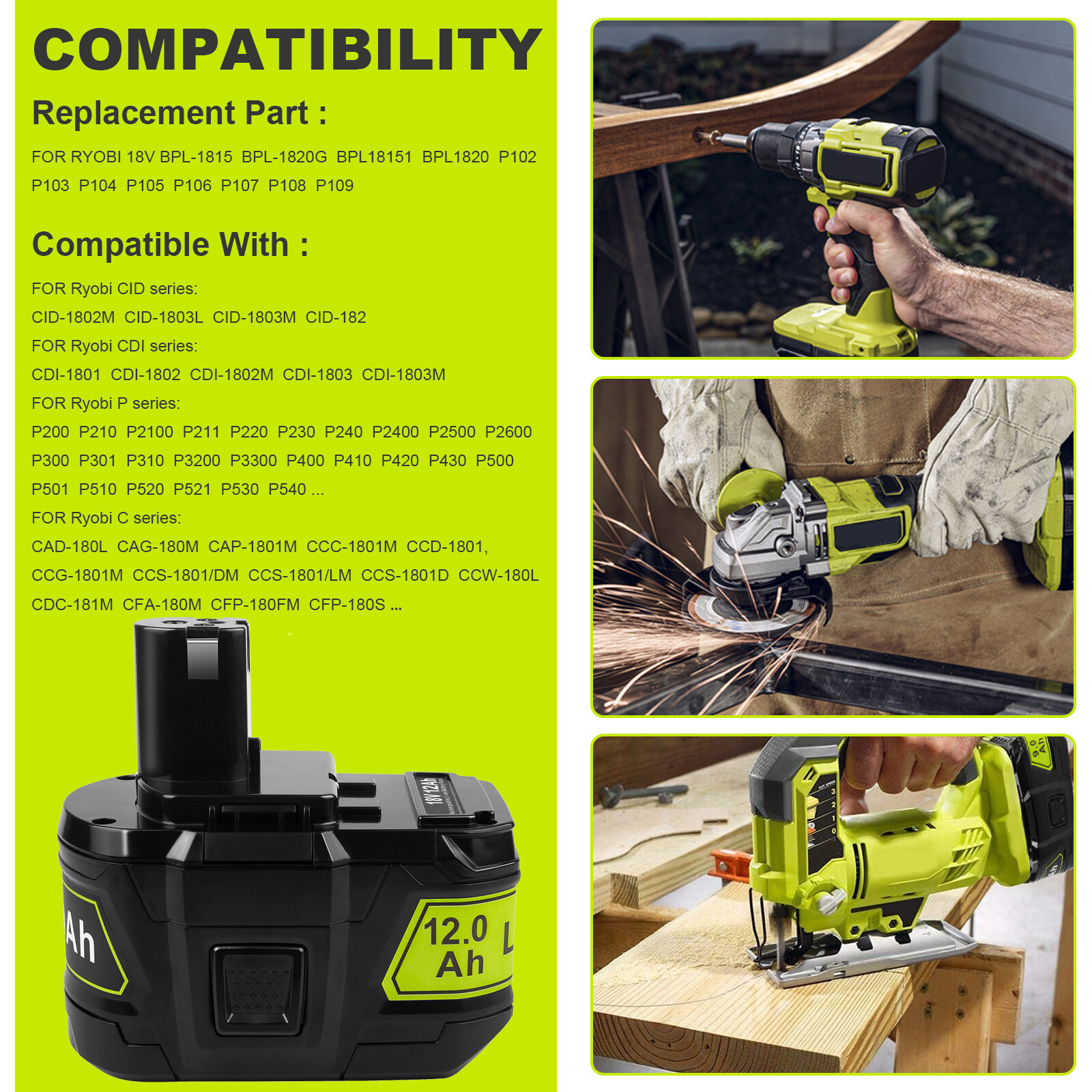 12.0Ah For RYOBI 18V P108 18 Volt High Capacity Battery Lithium-Ion RB18L60 P107
