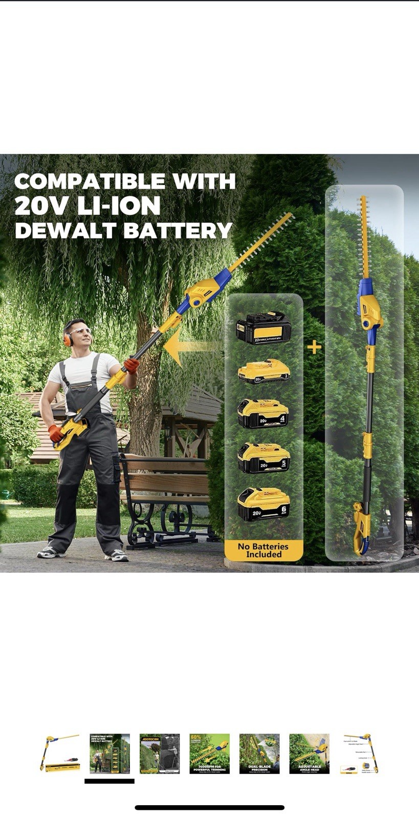 ADOTOCAM Cordless Pole Hedge Trimmer for Dewalt 20V Max Battery （tool only）