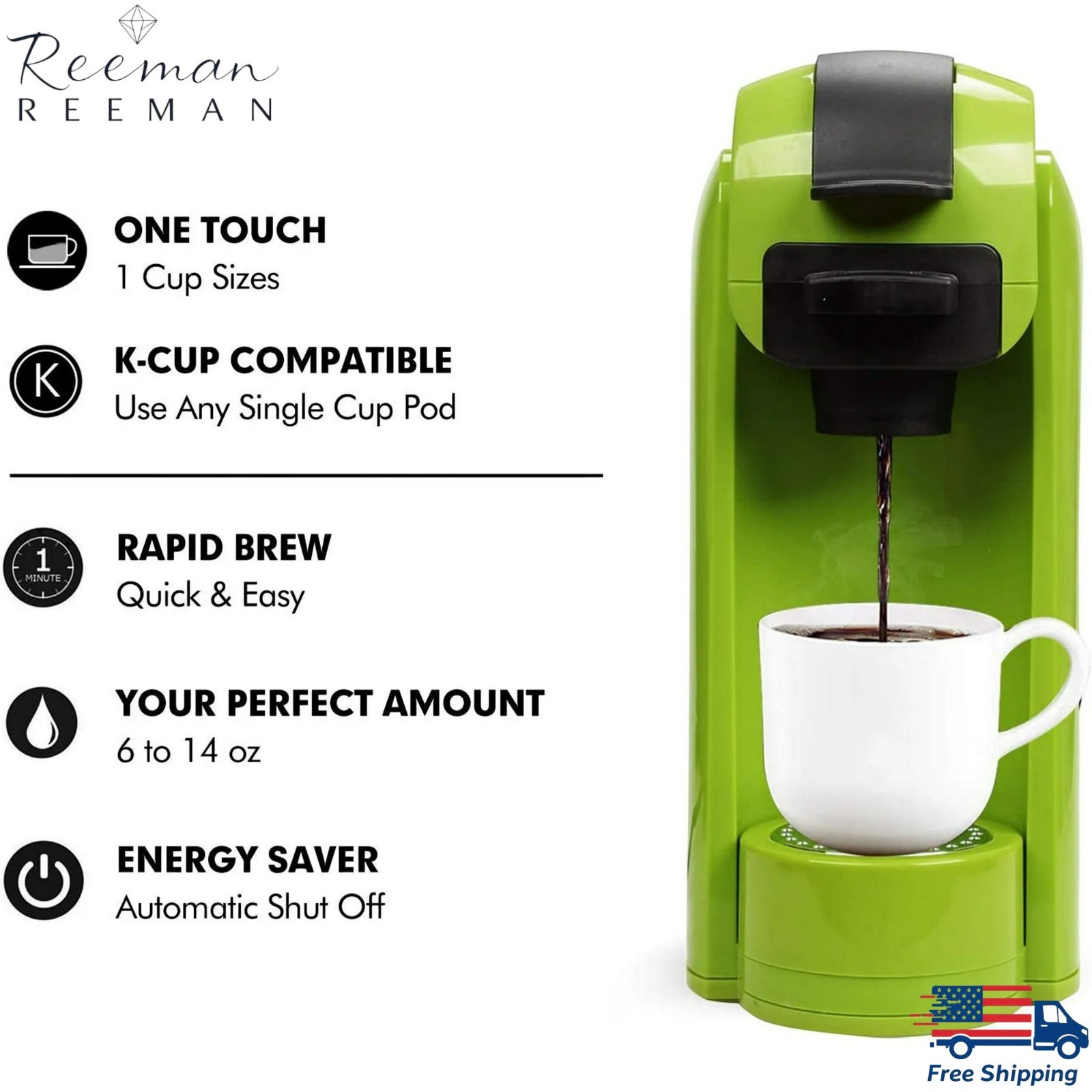Caynel Single Serve K-Cup Pod Coffee Maker Brewer Removable Water Tank Green 14z