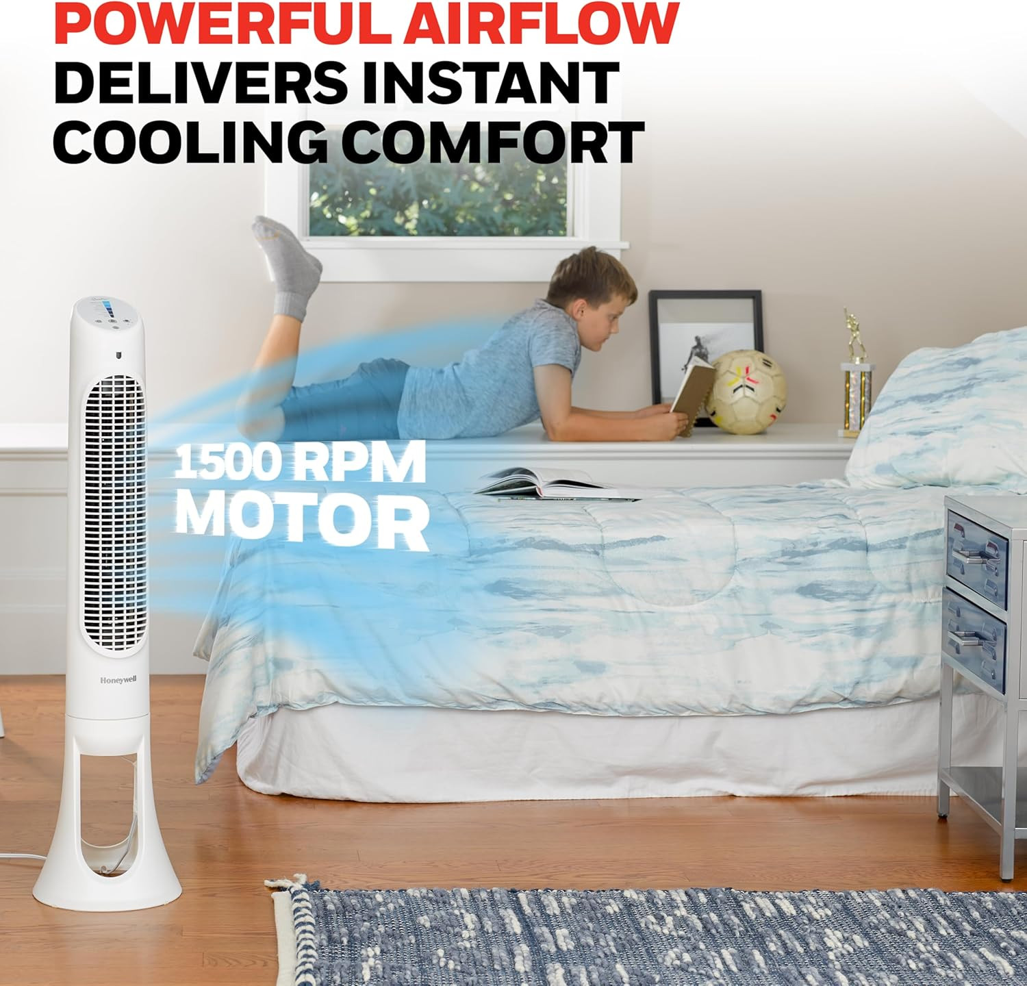 Quietset Whole Room Oscillating Tower Fan with Remote, White, HYF260