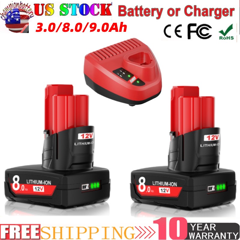 12V For Milwaukee For M12 8.0,9.0Ah Lithium Battery 48-11-240 48-11-2460 Charger