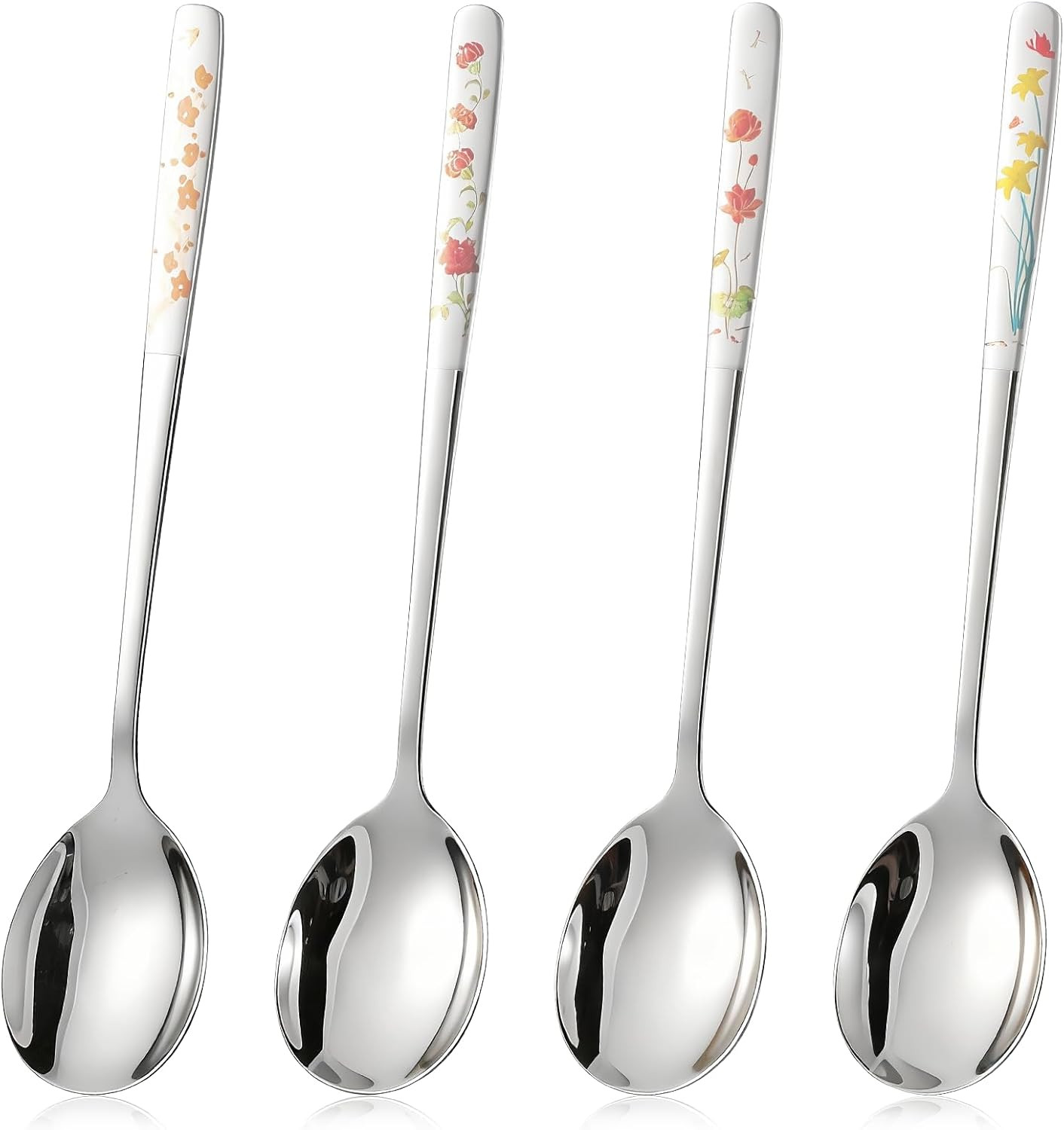 4pc Korean Soup Spoon Set 8″ Stainless Steel Long Handle Floral Engraved Spoons