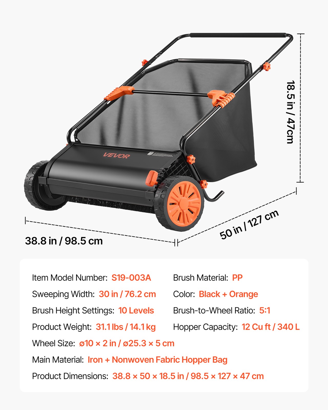 VEVOR Push Lawn Sweeper 30 in Leaf & Grass Collector 12 cu. ft. Hopper Bag