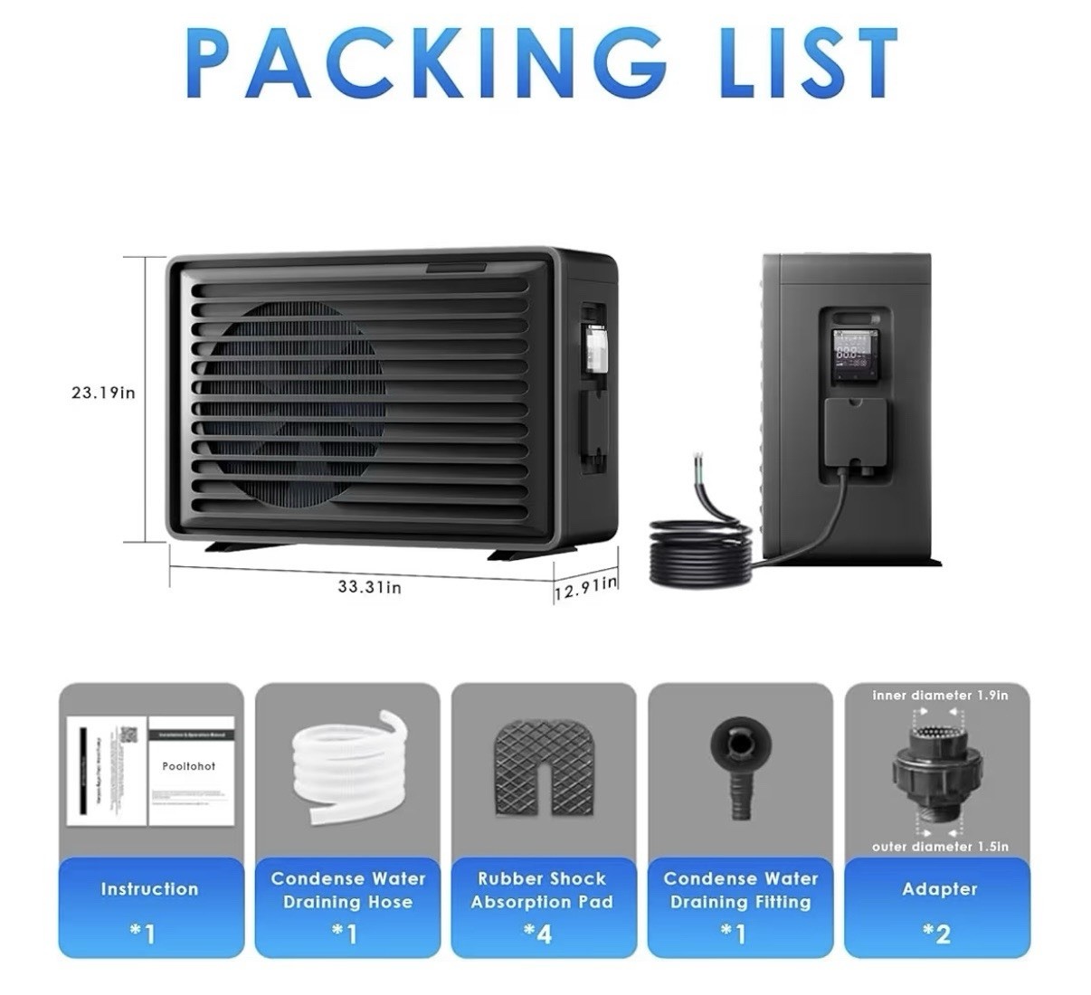 Pooltohot Electric Pool Heat Pump 230V 12A 2501-3000W 50K-100K BTUh Digital