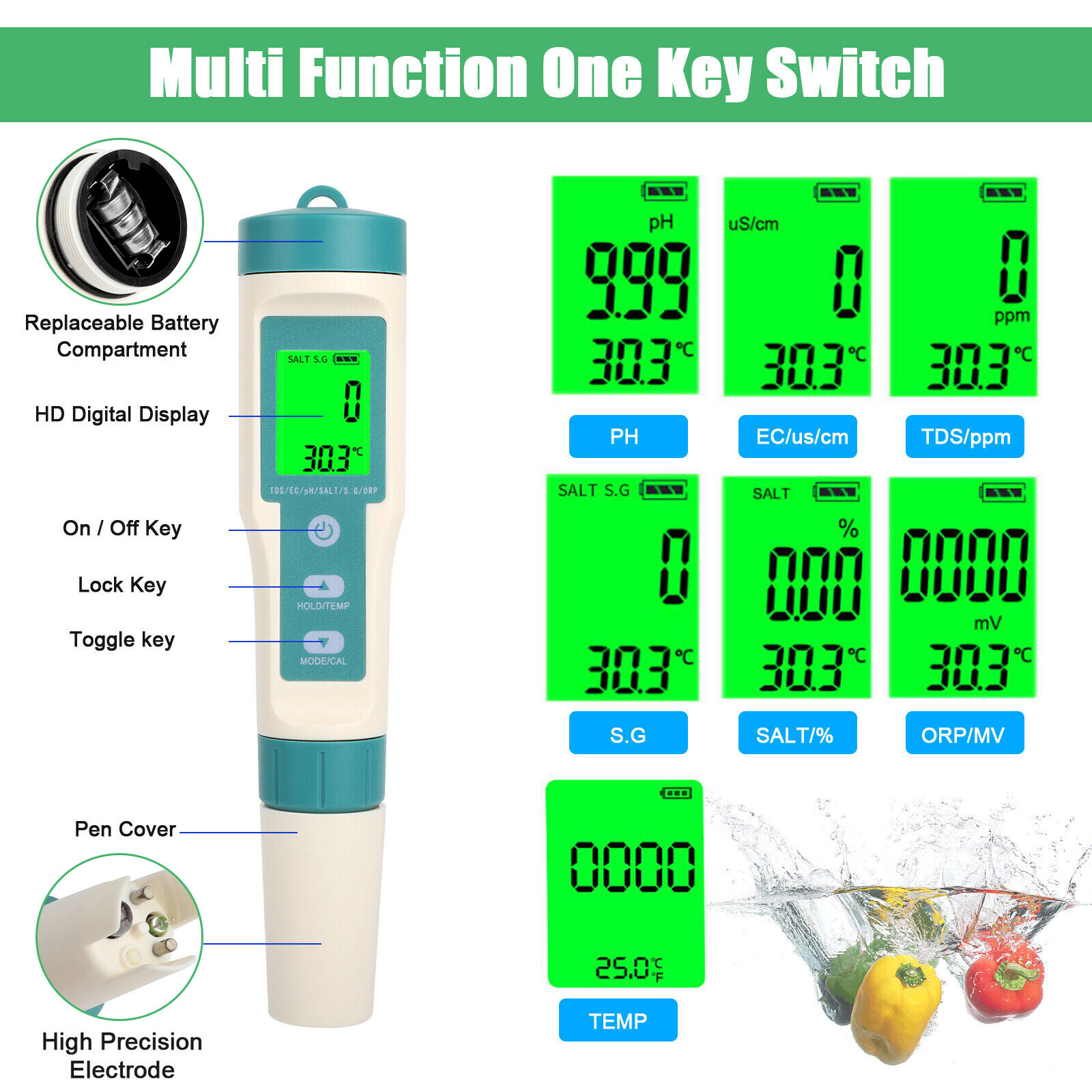 7 in 1 Digital LCD PH/TDS/EC/ORP/TEMP/SG/Salinity Water Quality Tester Meter Pen