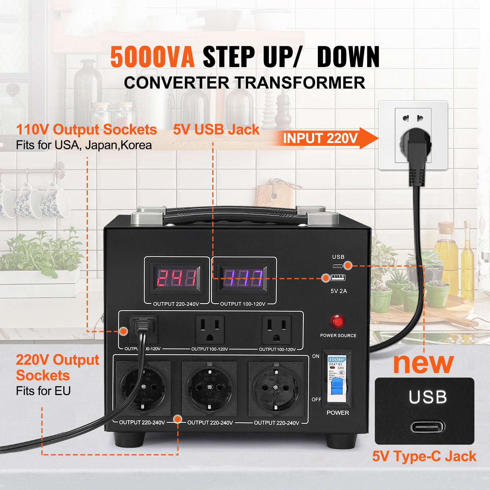 VEVOR 5000W Voltage Converter Transformer Step Up/Down 220V-110V /110V-220V CE