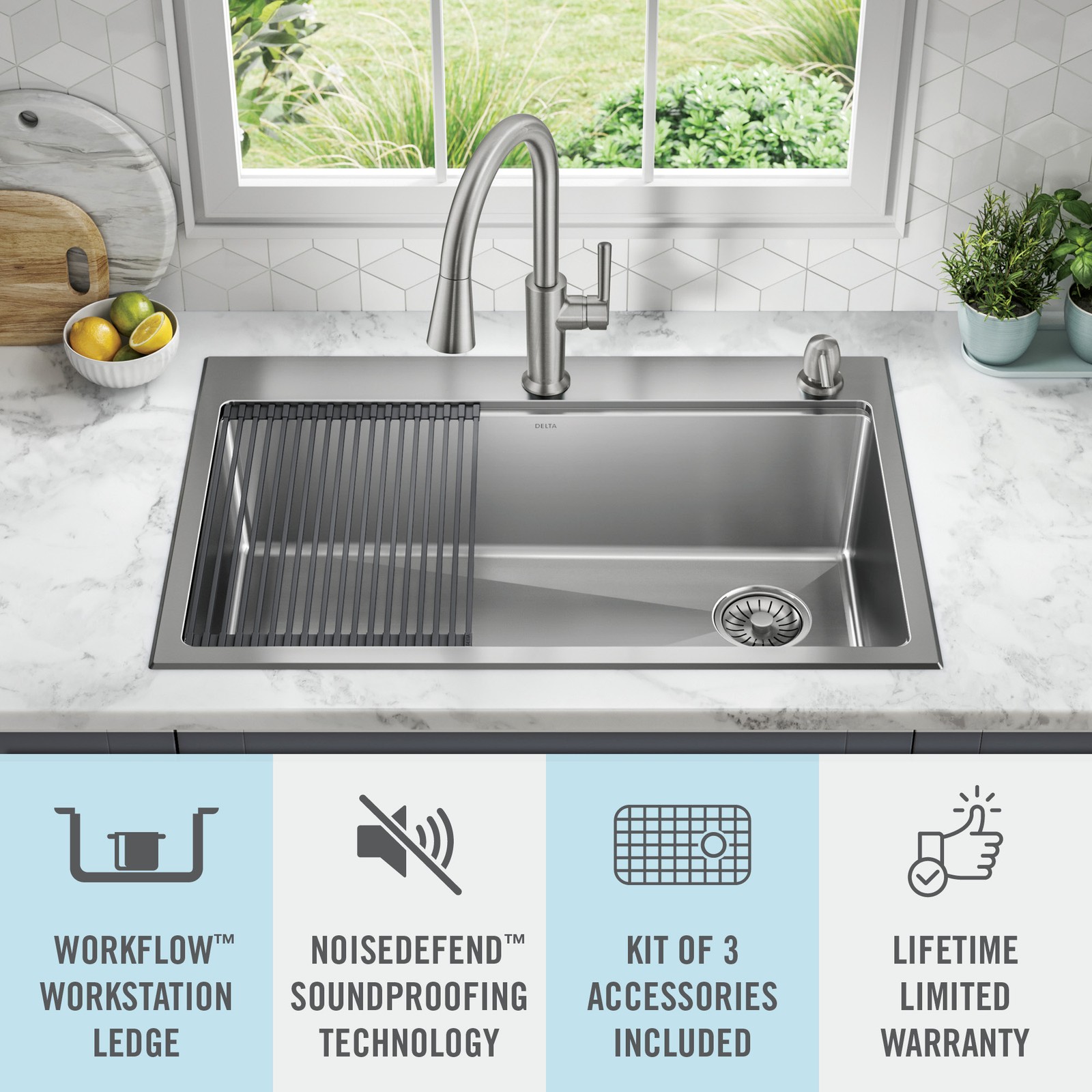 Delta Emery 33″ Workstation Sink, Single Bowl w/ Ledge+Kit-Certified Refurbished