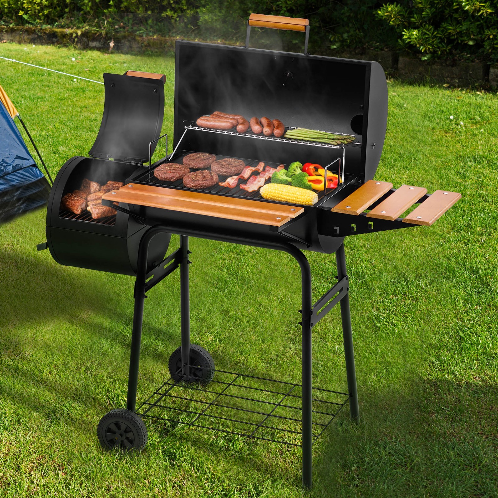 Royal Gourmet Barrel Charcoal Grill with Offset Smoker for Outdoor Grilling