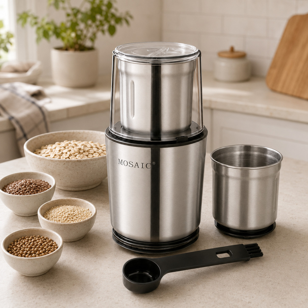 MOSAIC Electric Coffee & Spice Grinder 300W 2 Removable Cups Stainless Steel