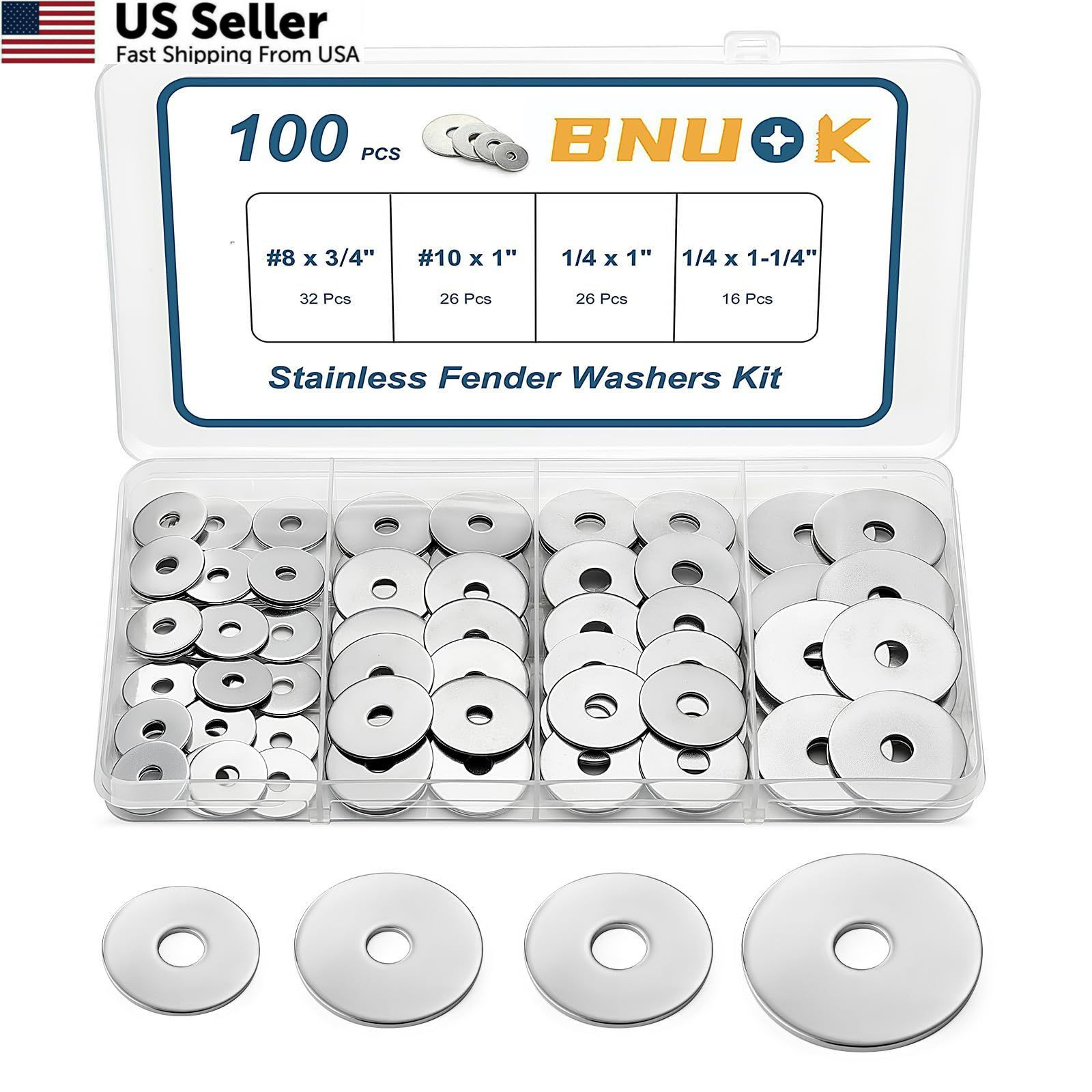 BNUOK 100PCS Fender Washers Assortment Kit, Thickened 304 Silver