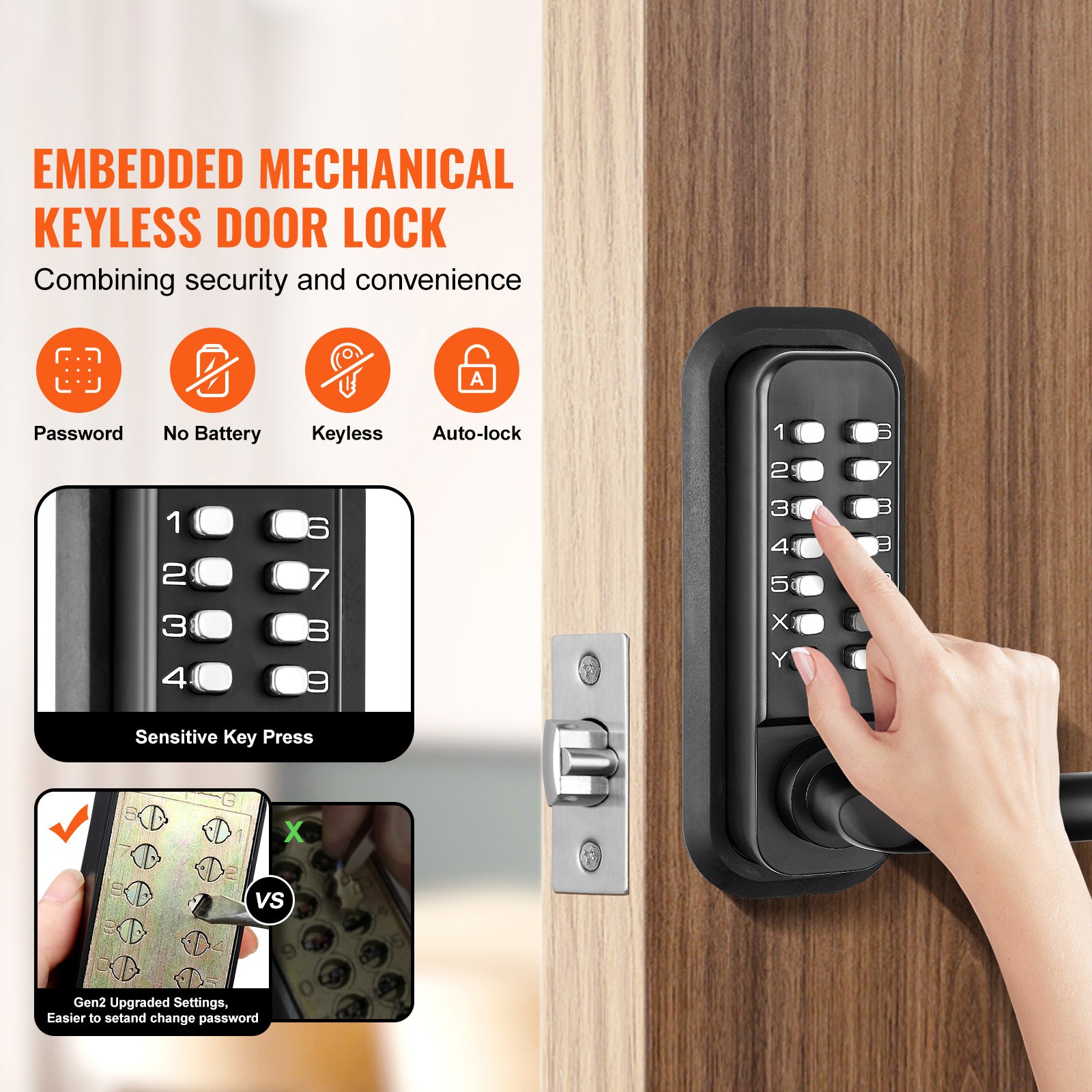 VEVOR Mechanical Keyless Entry Door Lock 14 Digit Keypad and Handle Embedded