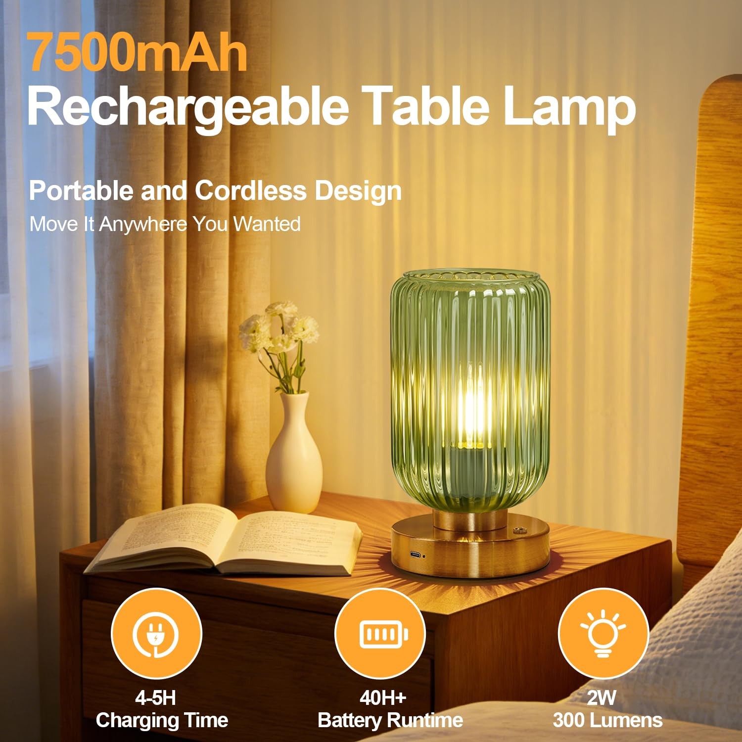 Cordless Table Lamp for Bedroom, 7500mAh Rechargeable Battery Operated Lamp, …