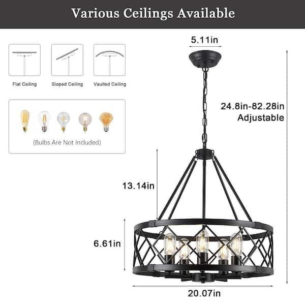 ADSENSTY 5-Light 20.07 in. Black Farmhouse Geometric Drum Chandelier Light