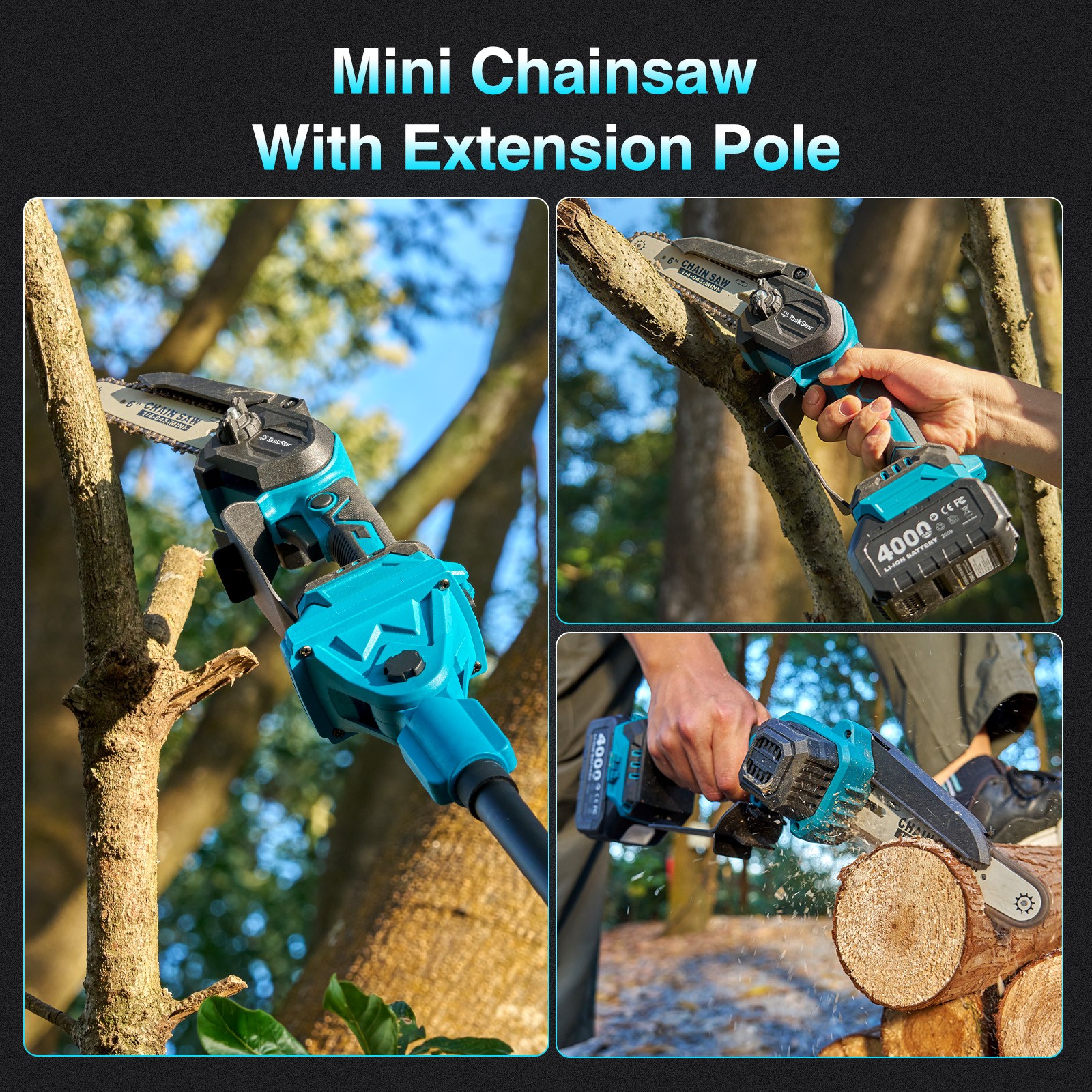 Taskstar 4-in-1 Cordless Pole Saw Brushless& Pruning Shears 6 Inch Mini Chainsaw