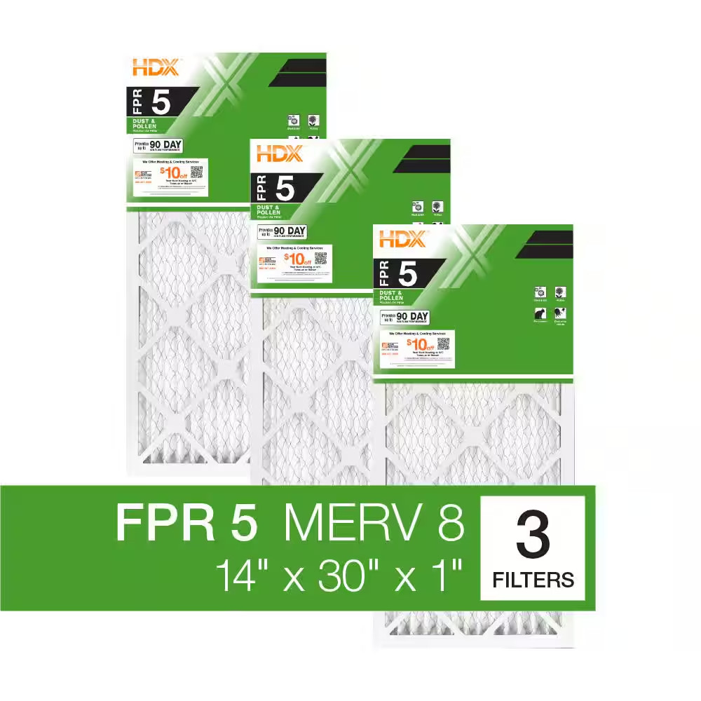 14 In. X 30 In. X 1 In. Standard Pleated Furnace Air Filter FPR 5, MERV 8 (3-Pac