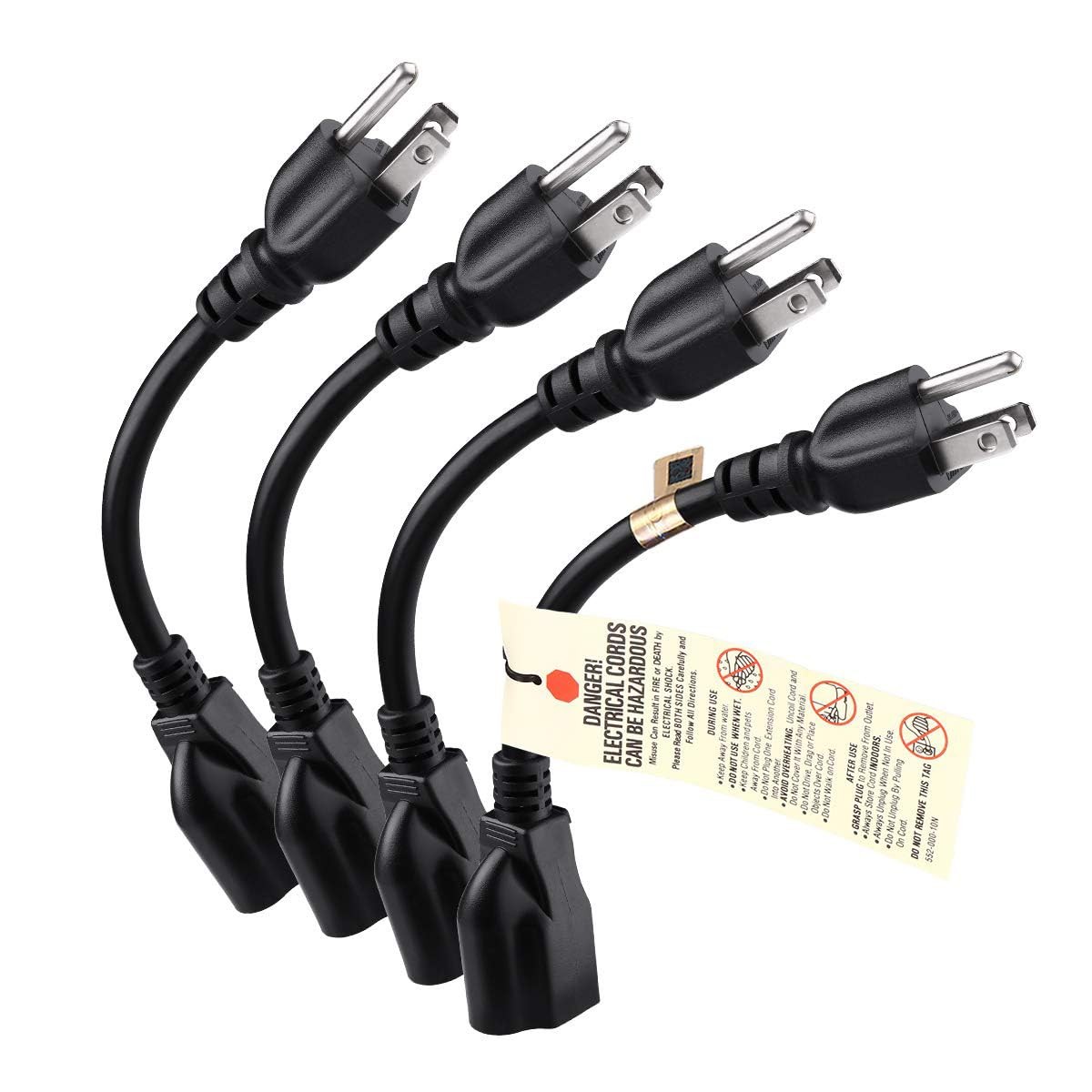 Short Power Extension Cord Outlet Saver, 16AWG/13A, 3 Prong (4 Pack, Black, 8 In
