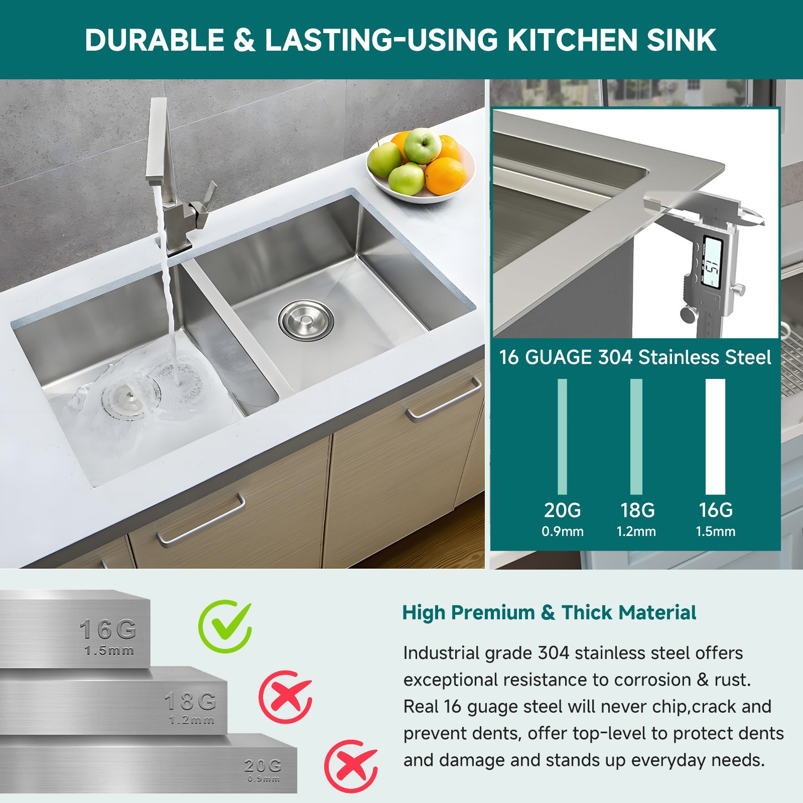 32″ Undermount Double Bowl Kitchen Sink Stainless Steel Sink with Accessories