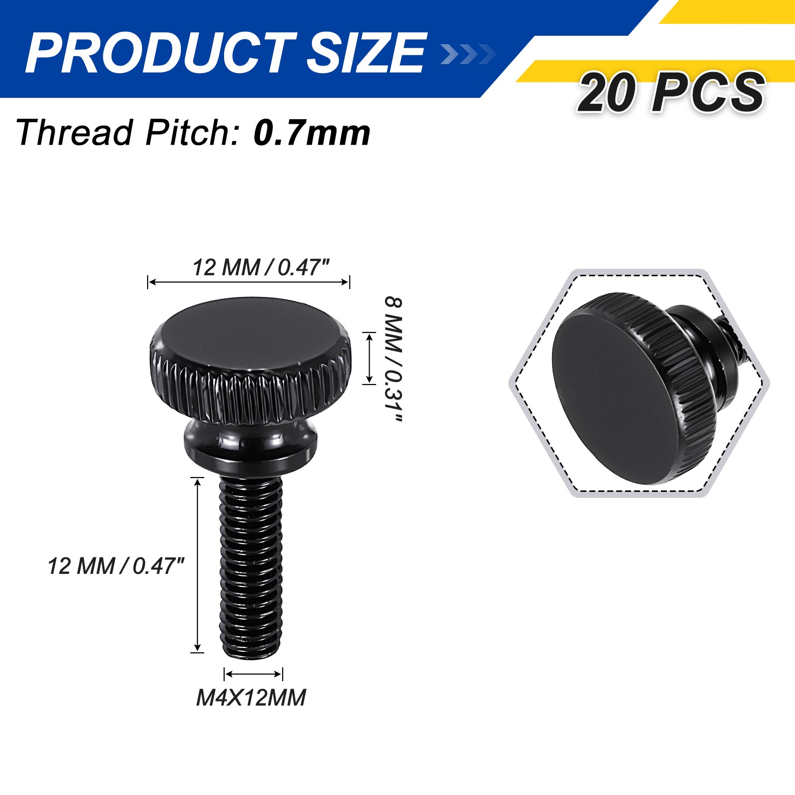 20Pcs M4x12mm Knurled Thumb Screws Carbon Steel Zinc Plated, Black