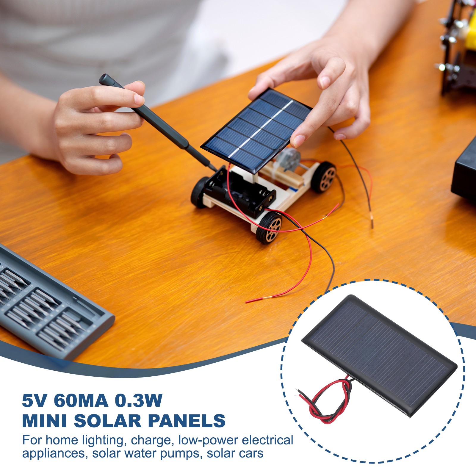 5 Pcs 5V 0.3W 60mA Mini Solar Panels with 2 Cable 68mm x 37mm