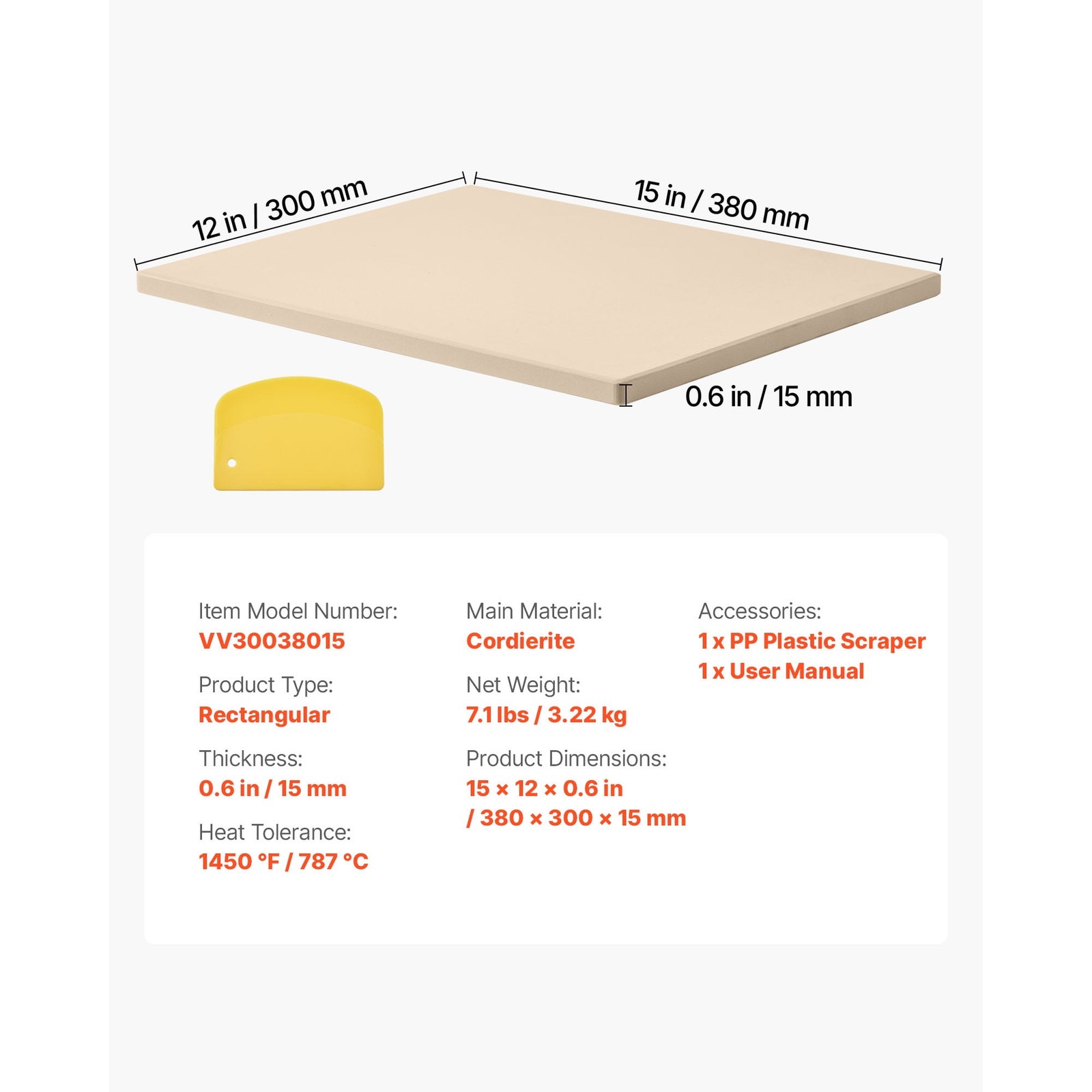 Rectangular Cordierite Pizza Stone, 15 x 12 in,Durable Baking Stone with Scraper
