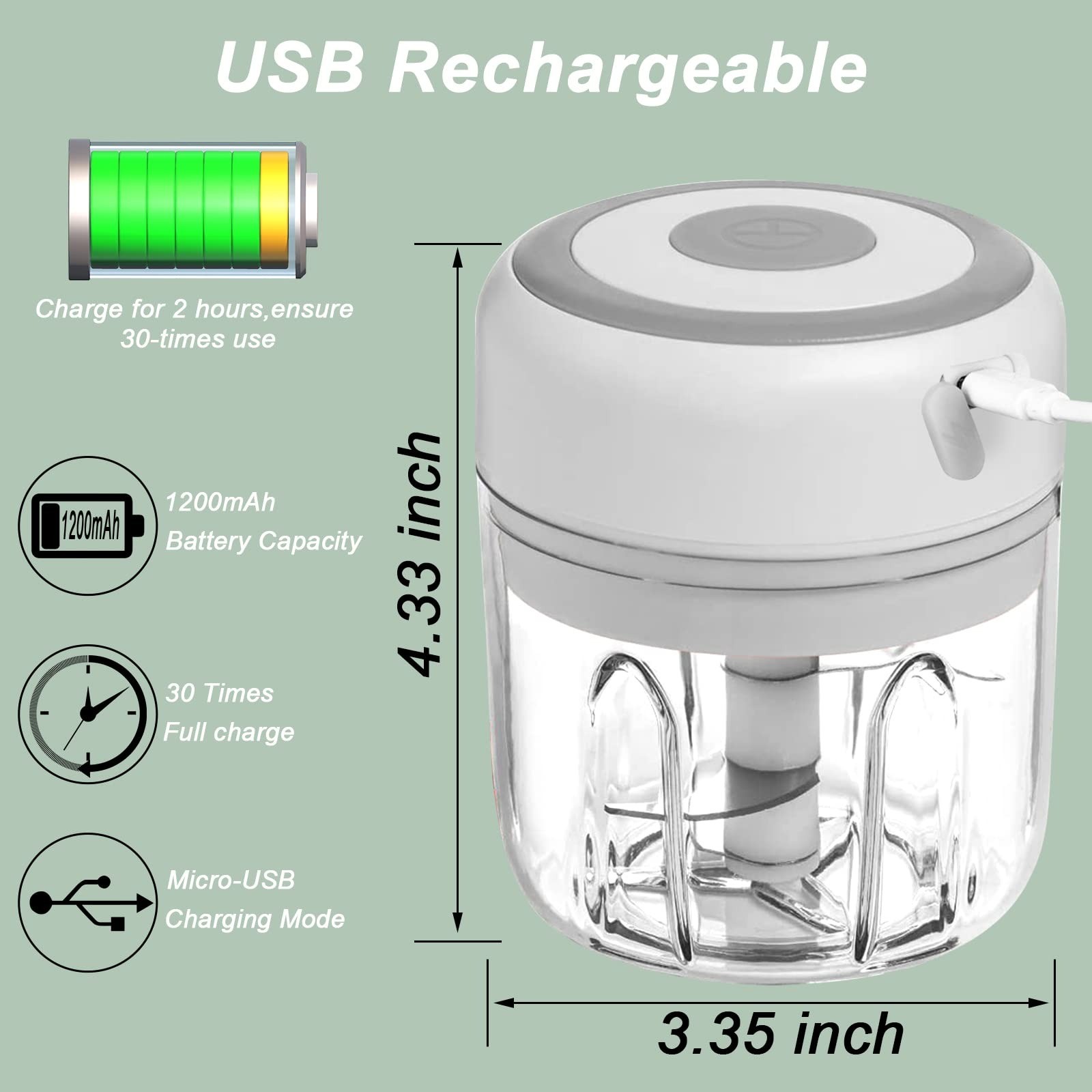 300ML Electric Garlic Chopper, 6 Blades Garlic Grinder Mini Vegetable Chopper,US