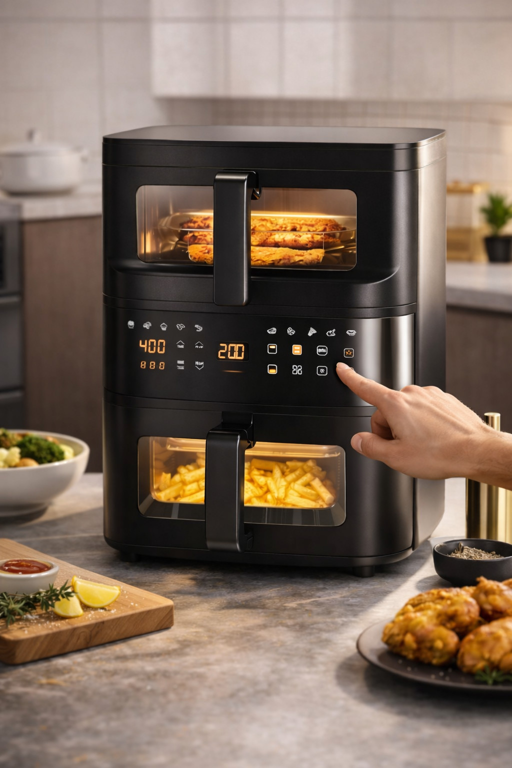 2-Tier Digital Air Fryer Dual Zone Heating Visual Window Space Saving Oil Free