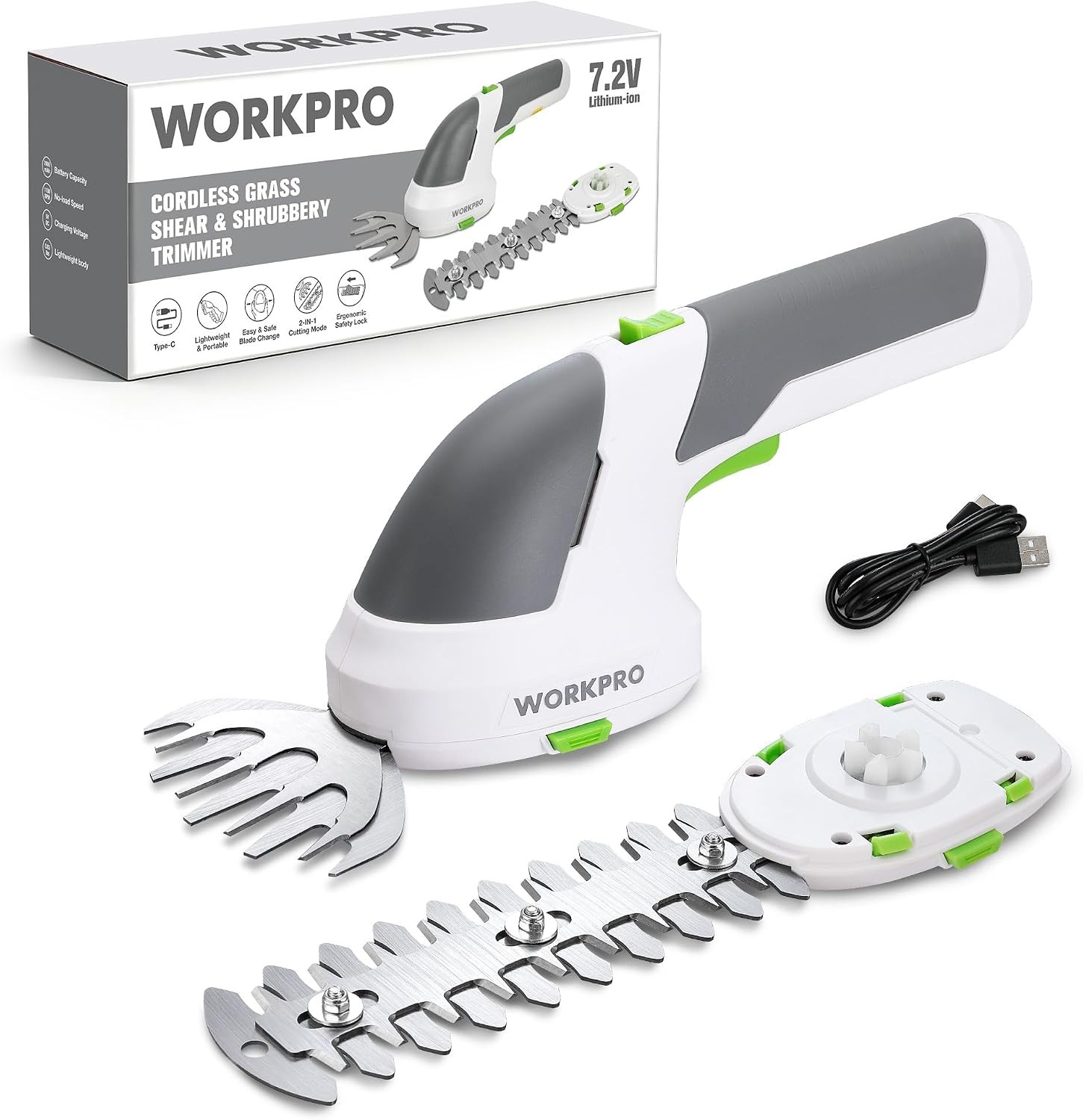 WORKPRO 2-in-1 Cordless Grass Shear & Shrub Trimmer, 7.2V USB-C