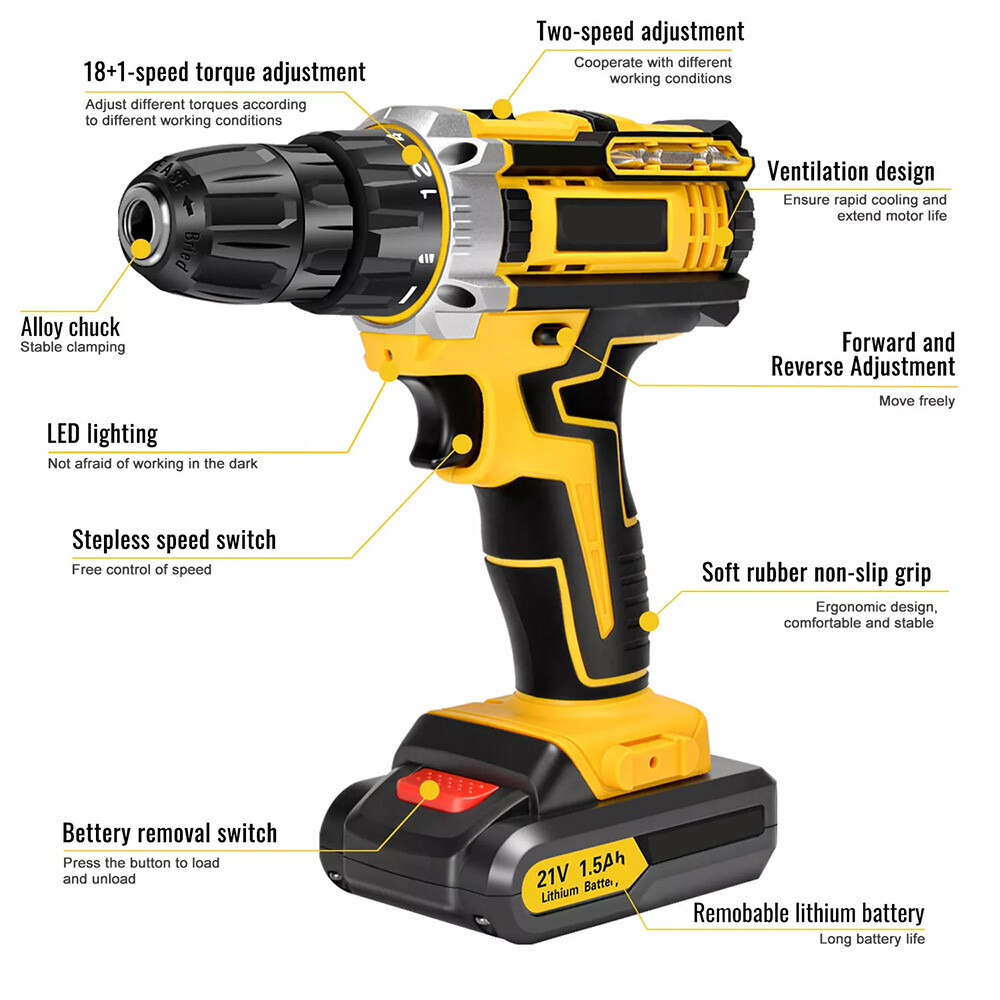 21V Cordless Hammer Drill Set Electric Impact Driver Screwdriver with 2 Battery