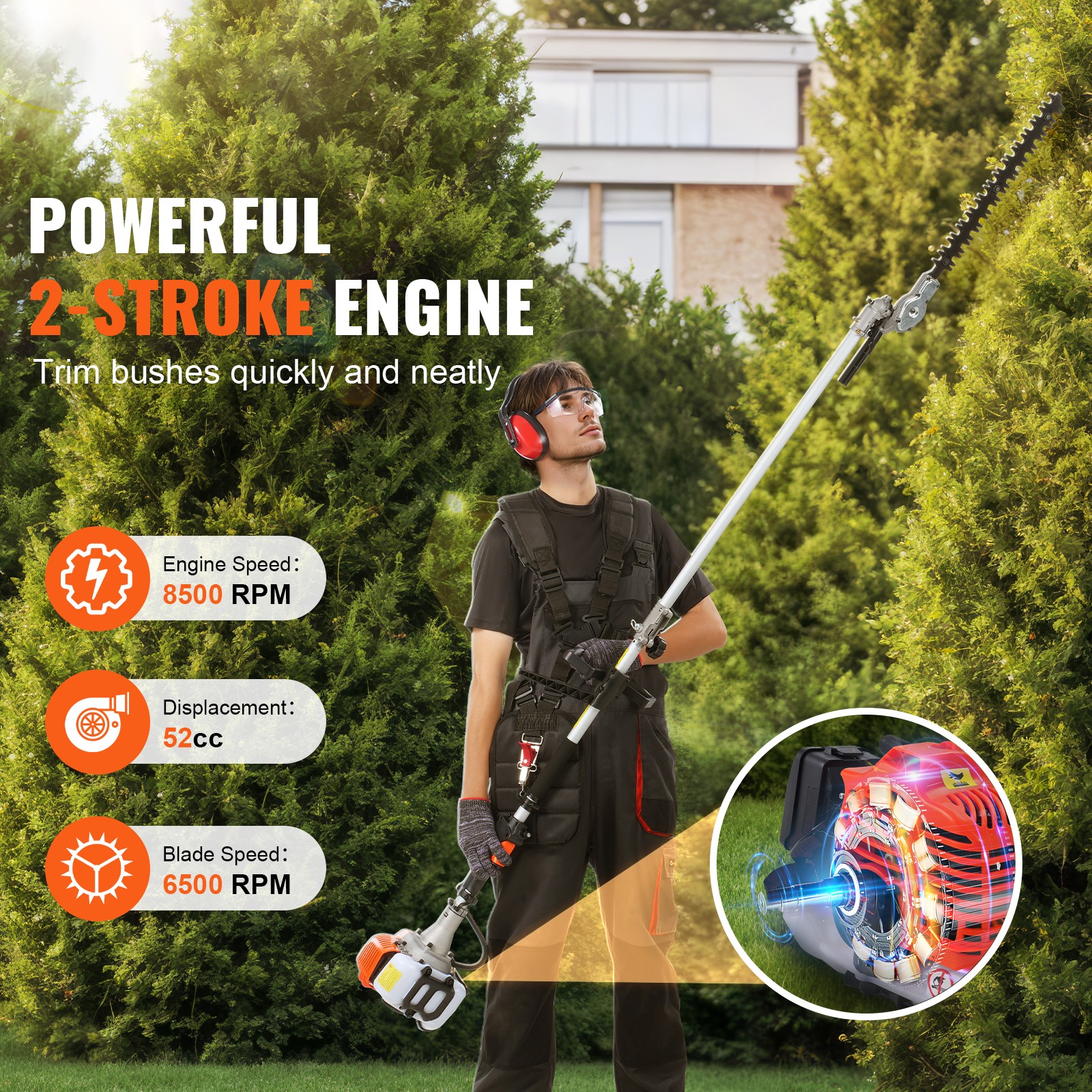 VEVOR 6-in-1 Multi-Functional Trimming Tools Gas Hedge Trimmer 52CC Weed Eater