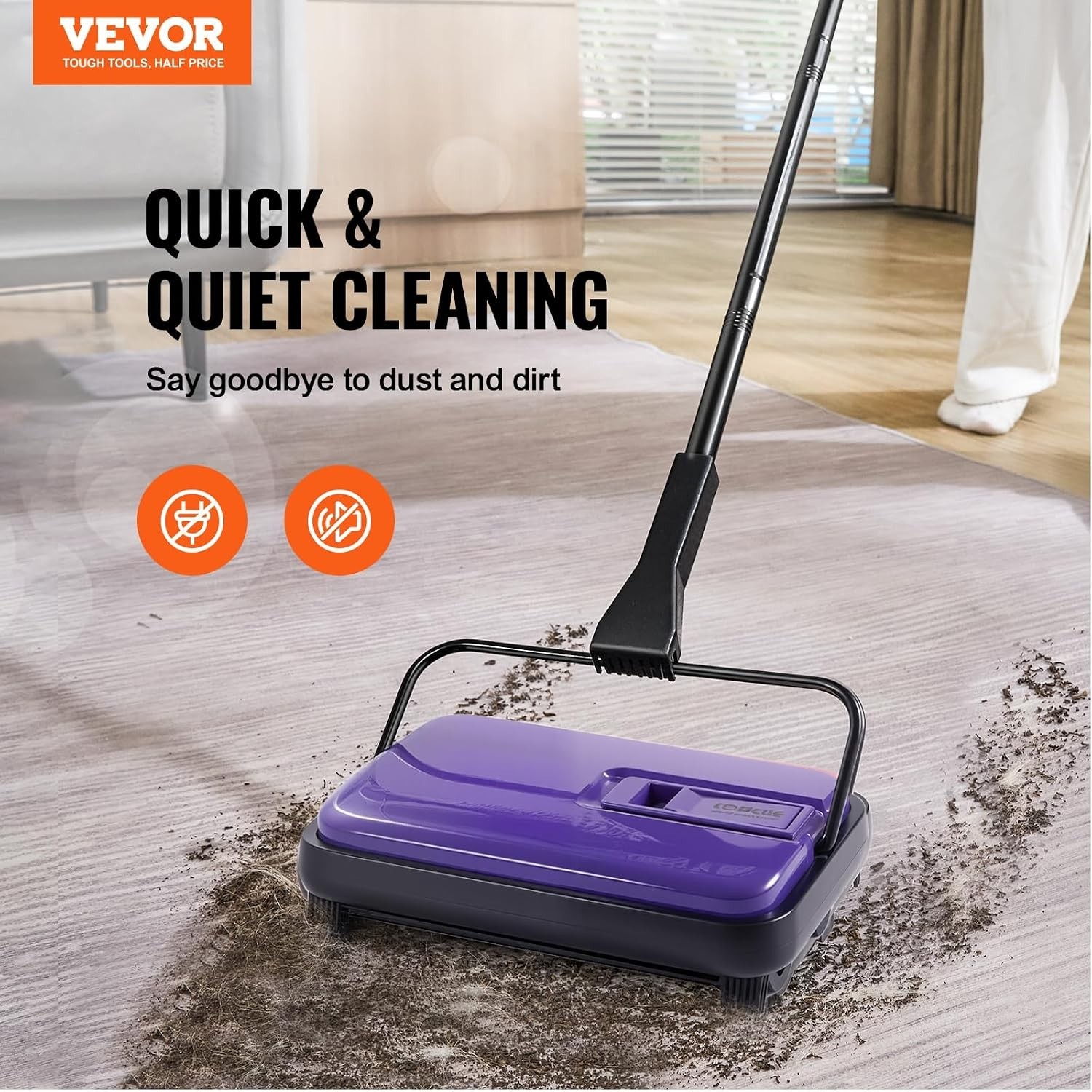 Versatile 6.7in Carpet Sweeper – Quiet Operation, Easy Disposal, Purple Design
