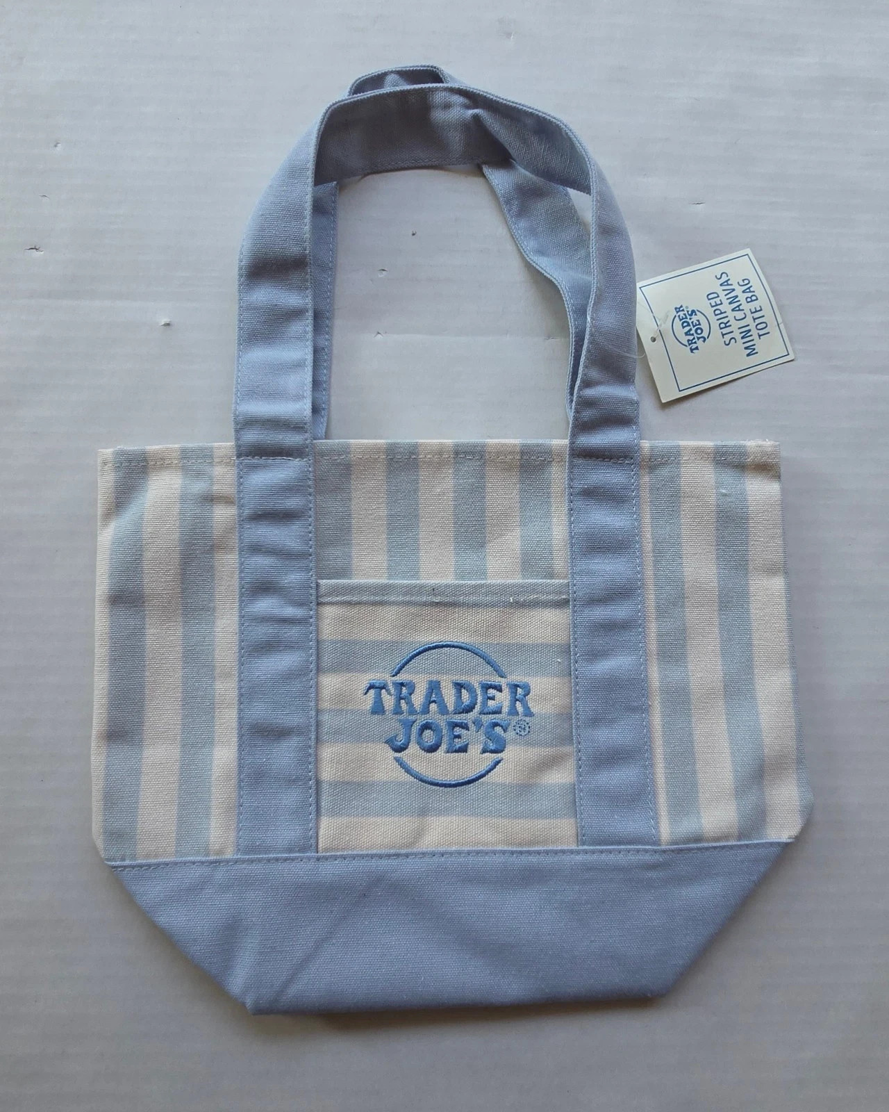 Trader Joe’s MINI Canvas Reusable Bag, with Off White or Tan, LIGHT BLUE STRIPES