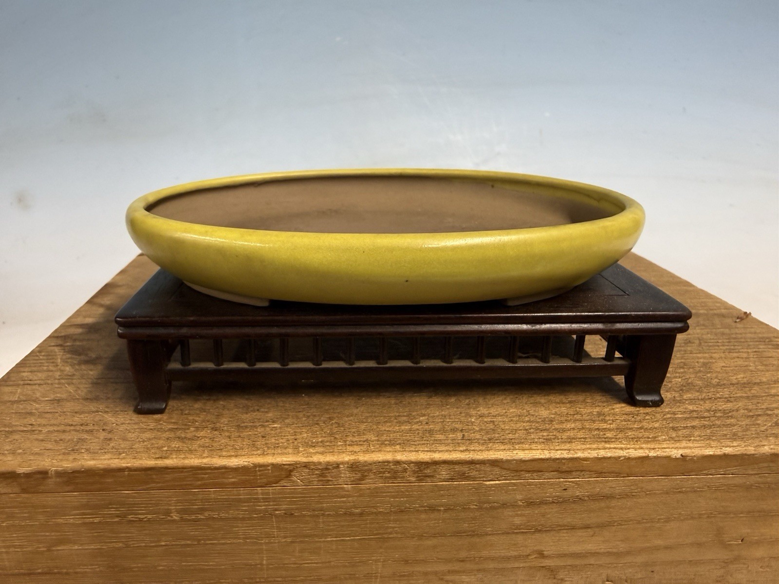 Japanese Unknown Maker Shohin Bonsai Tree Pot 6 1/8” Yellow Glaze