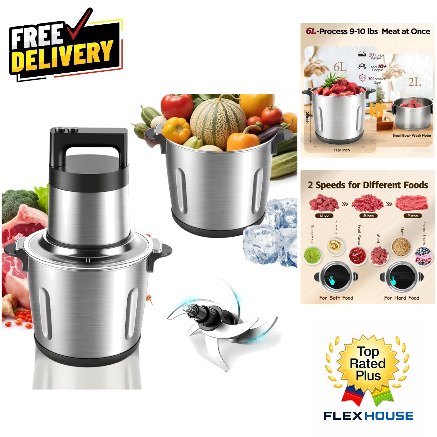 Versatile 6L Food Grinder with Dual Speed Control & Dishwasher Safe Parts