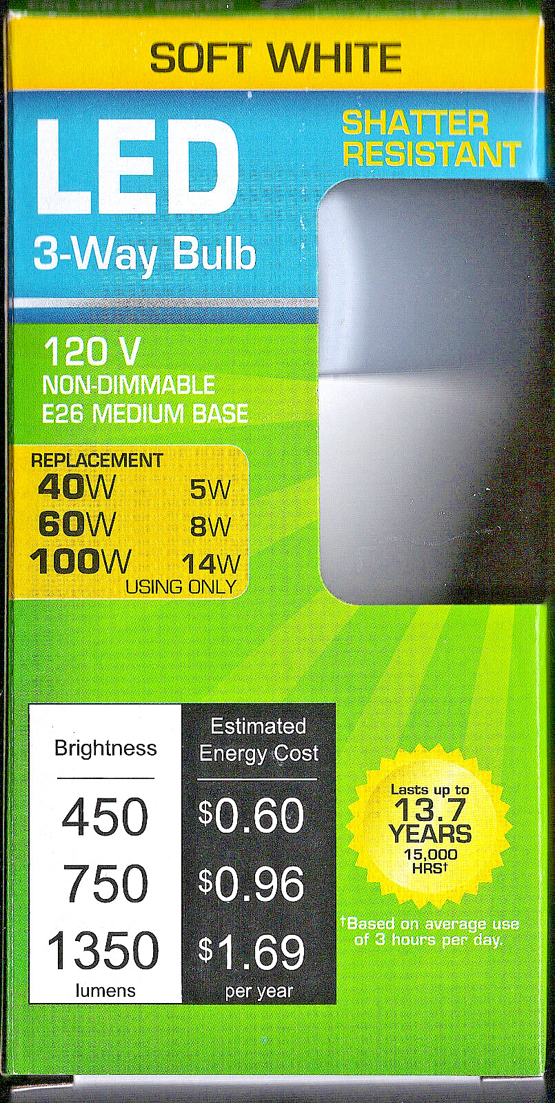 Soft White A19 LED 3 Way 40/60/100 Watt Replacement Light Bulbs Standard Base