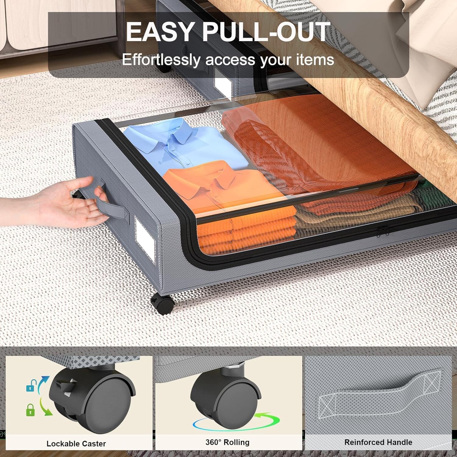 GoMaihe XXL Under Bed Storage | 4-Pack Rolling Bins with Clear Lids for Clothes