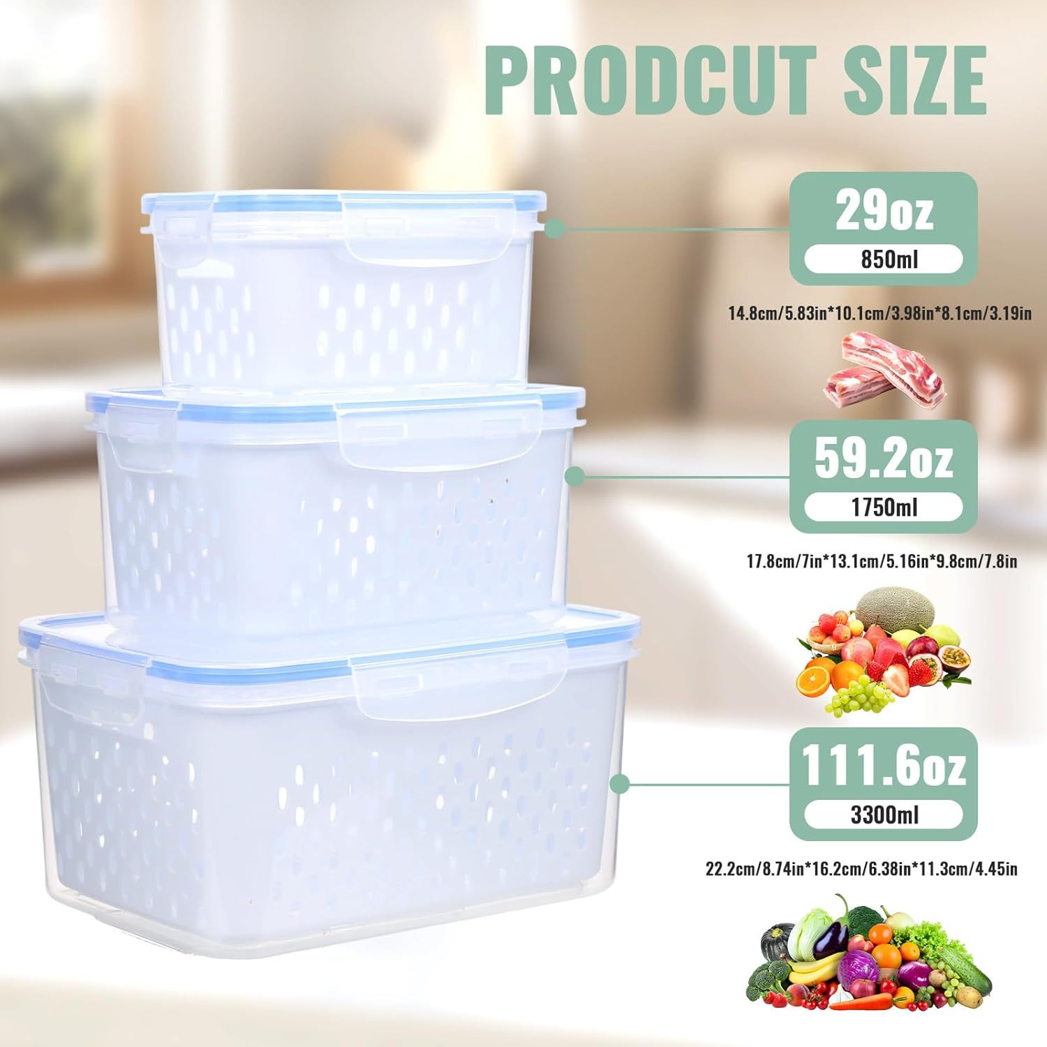 3 PCS Fruit Storage Containers for Fridge Food Berry Storage Container Set with
