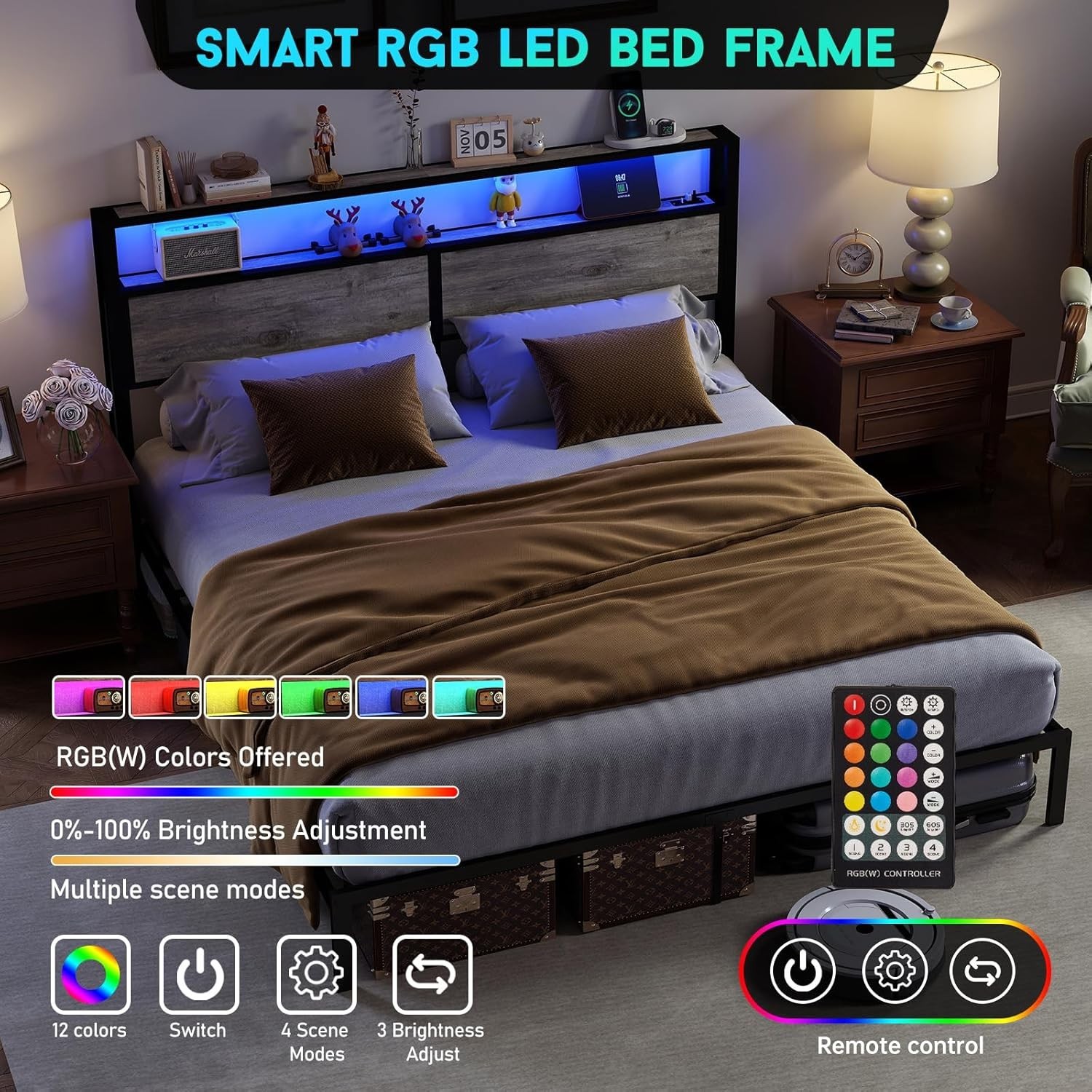 Full Queen King Bed Frame with Storage Headboard ,Charging Station & LED Lights