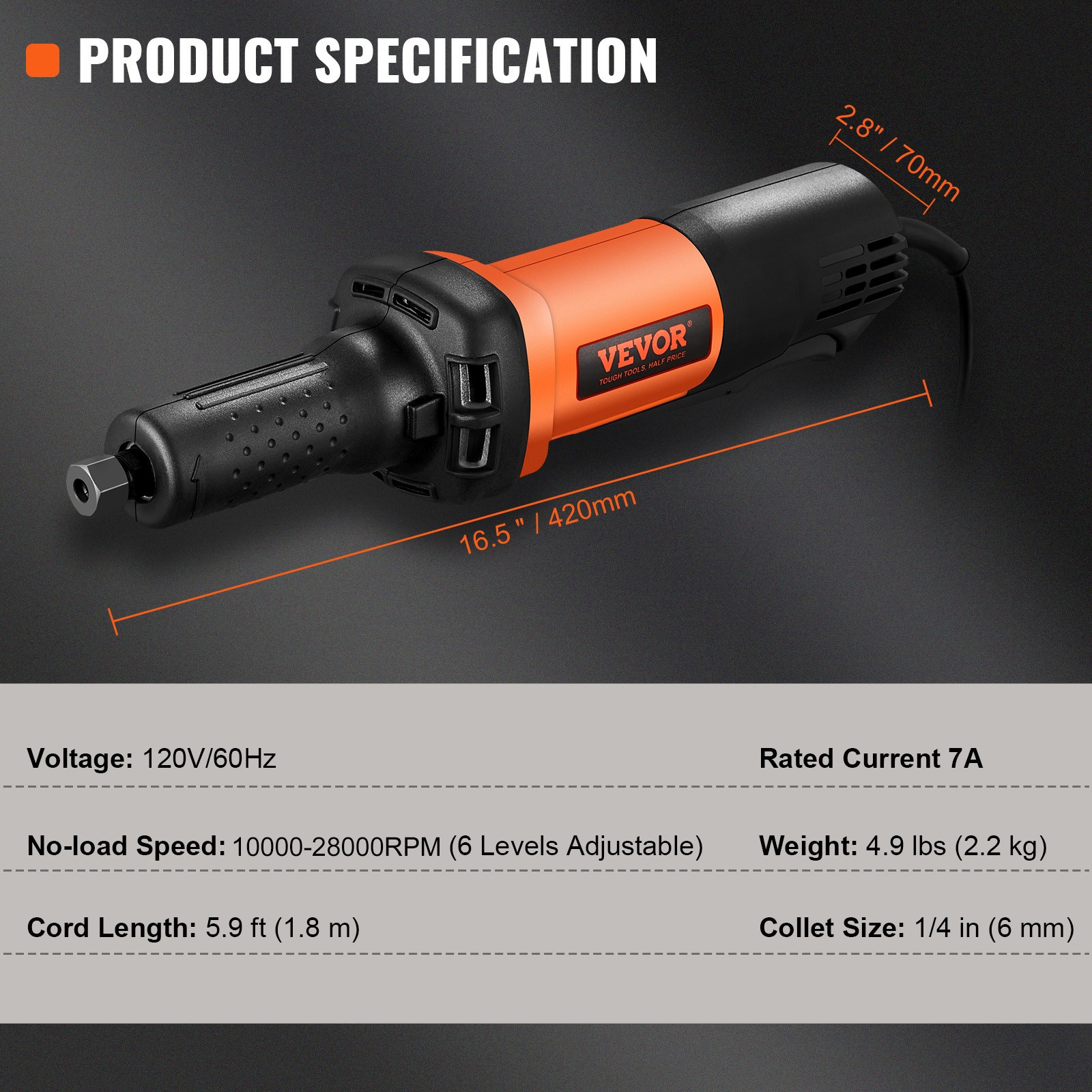 VEVOR Die Grinder 1/4″ Heavy Duty Straight Die Grinder 30000RPM 6 Variable Speed