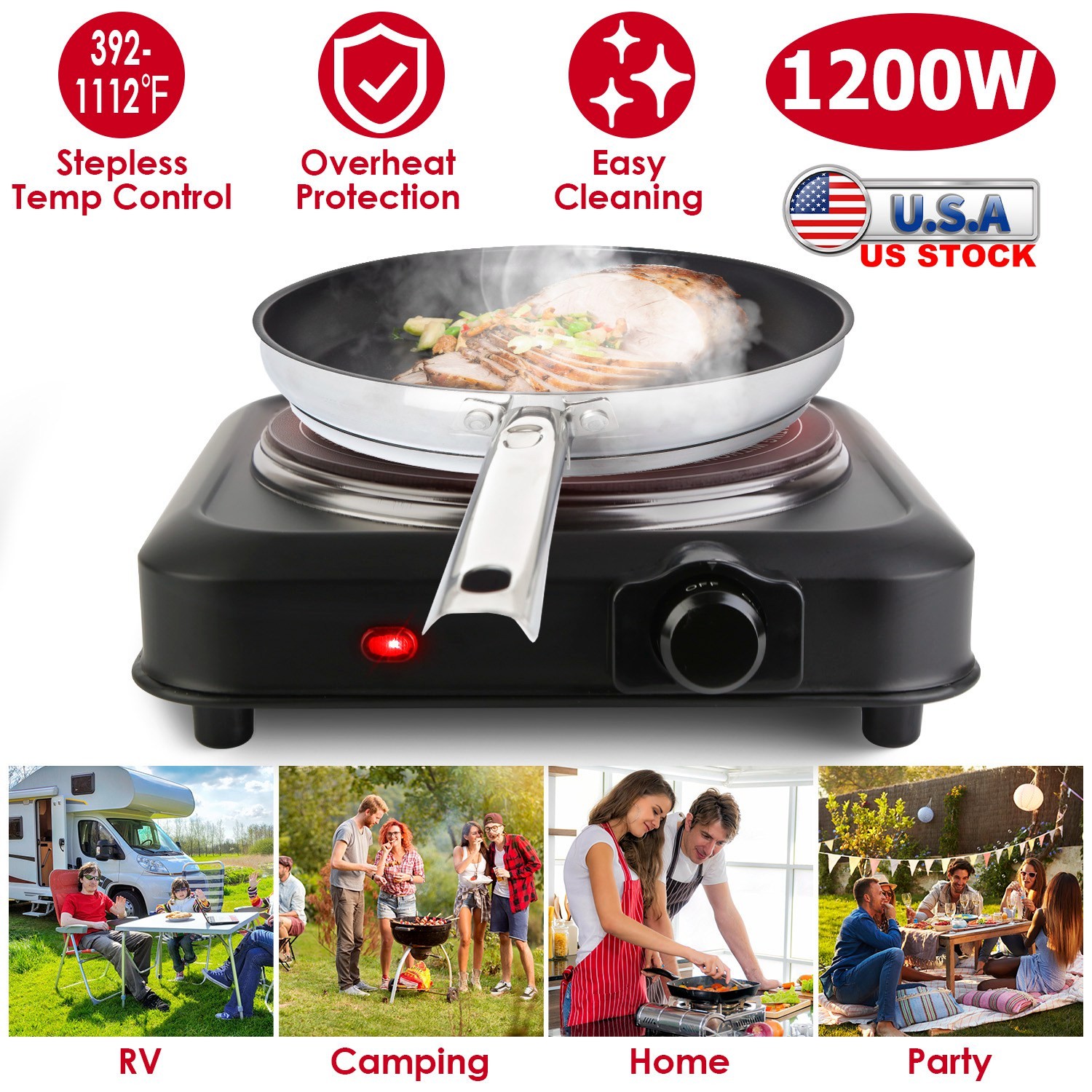 Adjustable Temperature Electric Burner Countertop Hot Plate Cooktop Stove