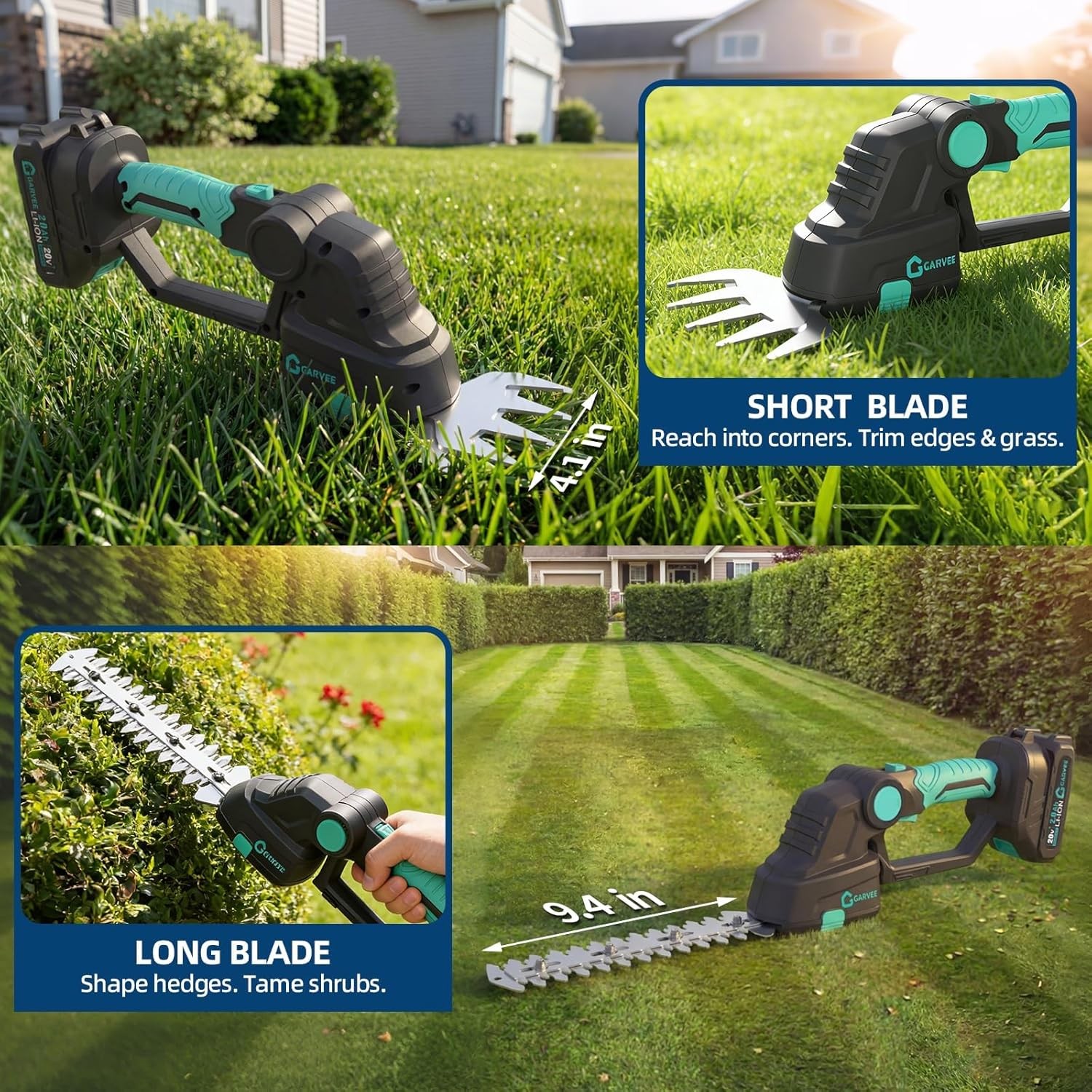 2-in-1 Cordless Hedge Trimmer 20V Battery Handheld Shrub Trimmer & Grass Shear